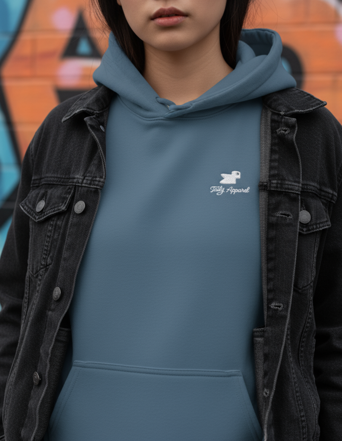 Person wearing Taily Bird embroidered hoodie in indigo blue, styled with a black jacket against a colorful mural.