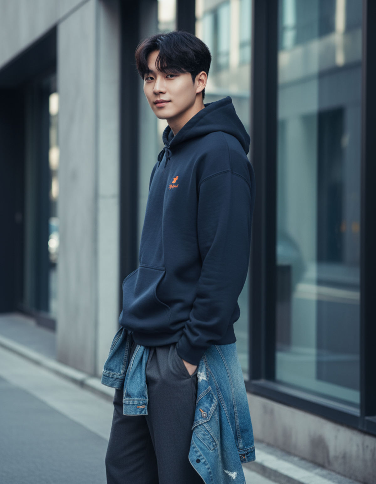 Taily Bird embroidered hoodie in navy worn casually outdoors with denim jacket.