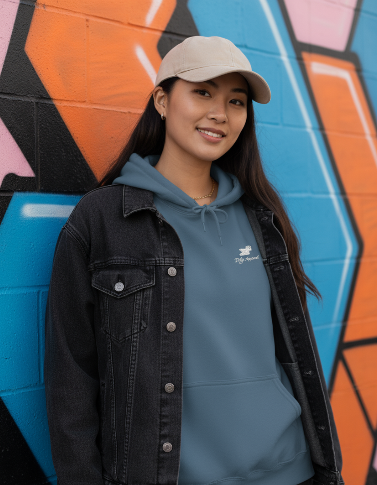 Young woman wearing a Taily Bird embroidered hoodie in indigo blue against a colorful mural background.