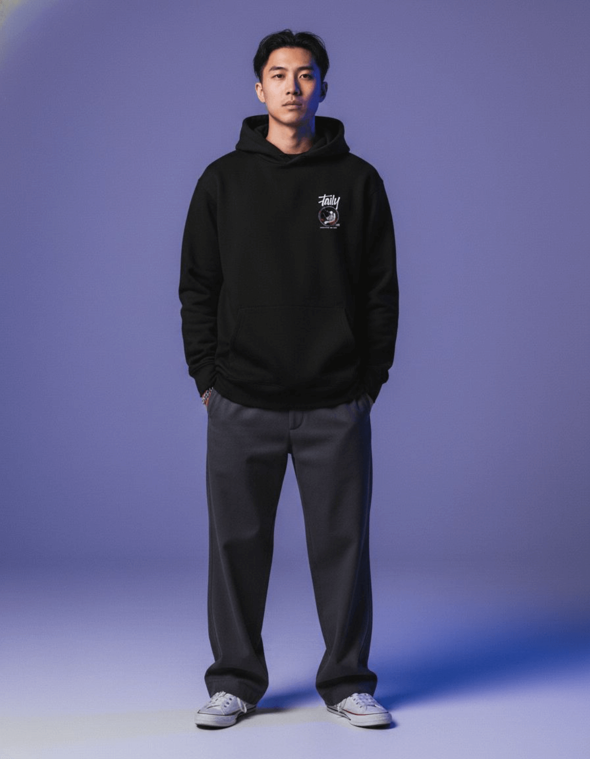 Model wearing Taily Space Club Streetwear Graphic Hoodie in black, styled casually for a streetwear look.