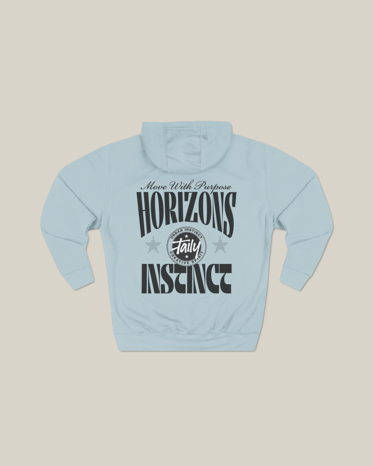 Taily Horizons Instinct Hoodie – Blue Mist with bold message 'Move With Purpose' and Taily logo on back.