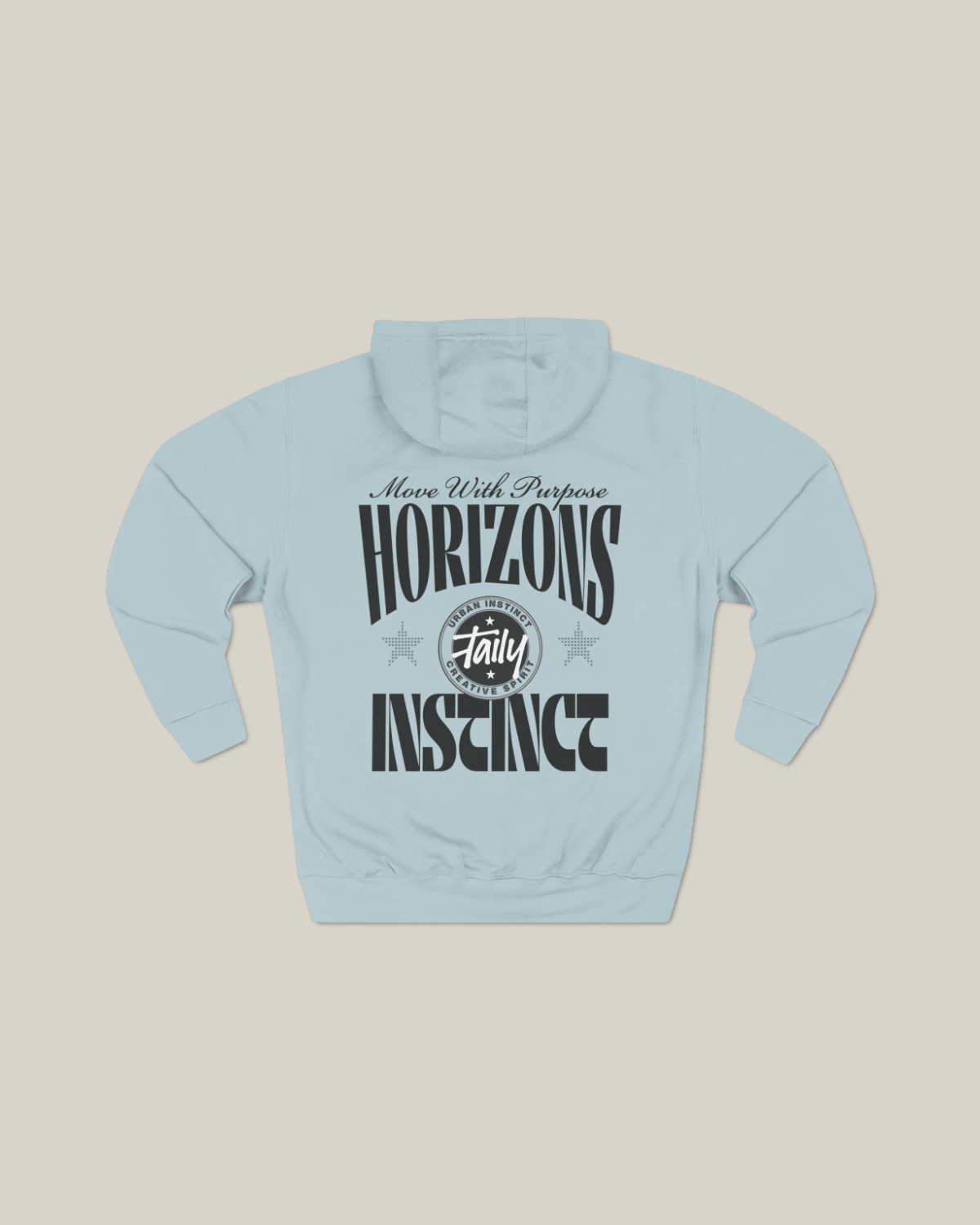 Taily Horizons Instinct Hoodie – Blue Mist with bold message 'Move With Purpose' and Taily logo on back.