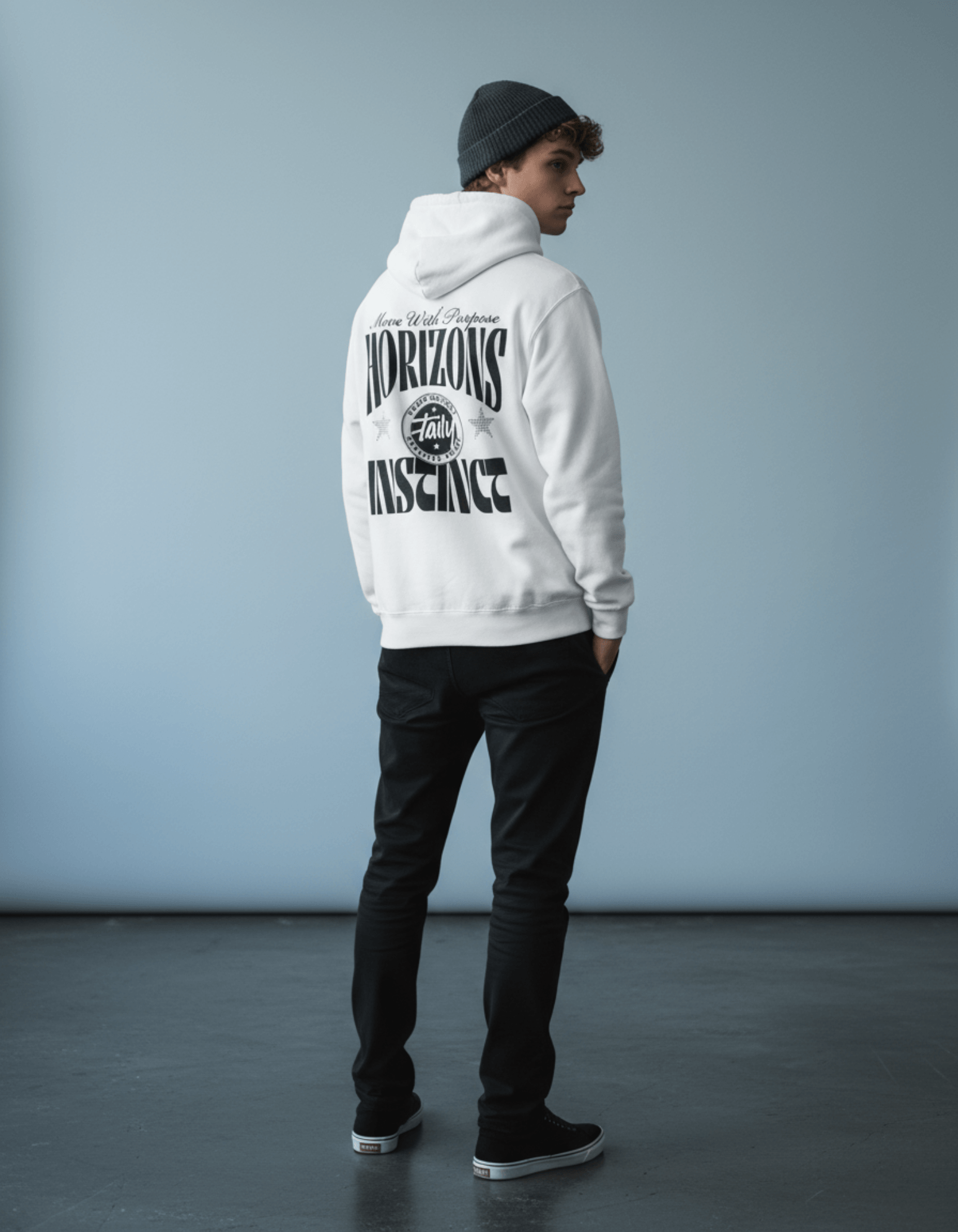 Model wearing Taily Horizons Instinct Hoodie – White from Taily Apparel, showcasing modern streetwear style.