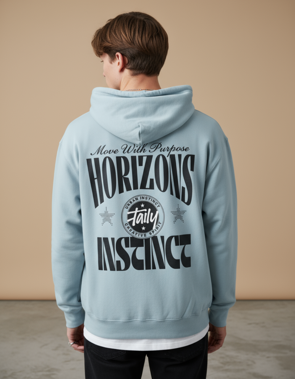 Taily Horizons Instinct Hoodie in Blue Mist showcasing bold graphics and relaxed fit from Taily Apparel.