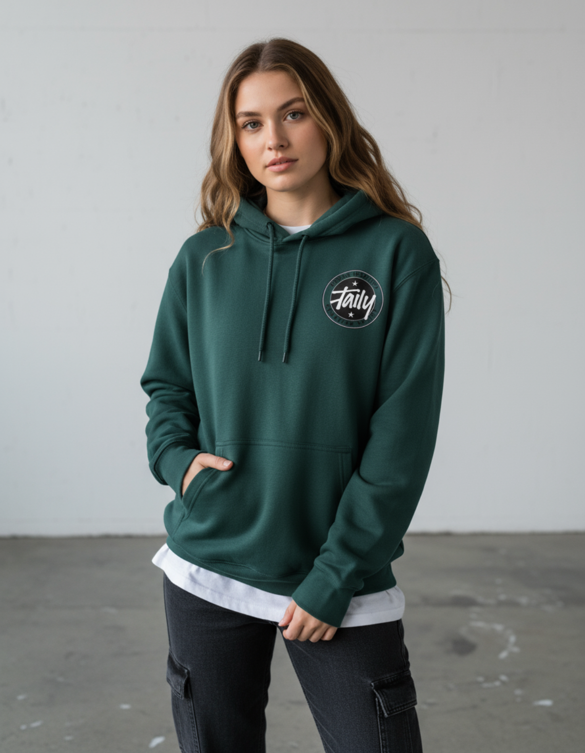 Taily Horizons Instinct Hoodie in Sports Green worn by a model, featuring Taily emblem on chest.