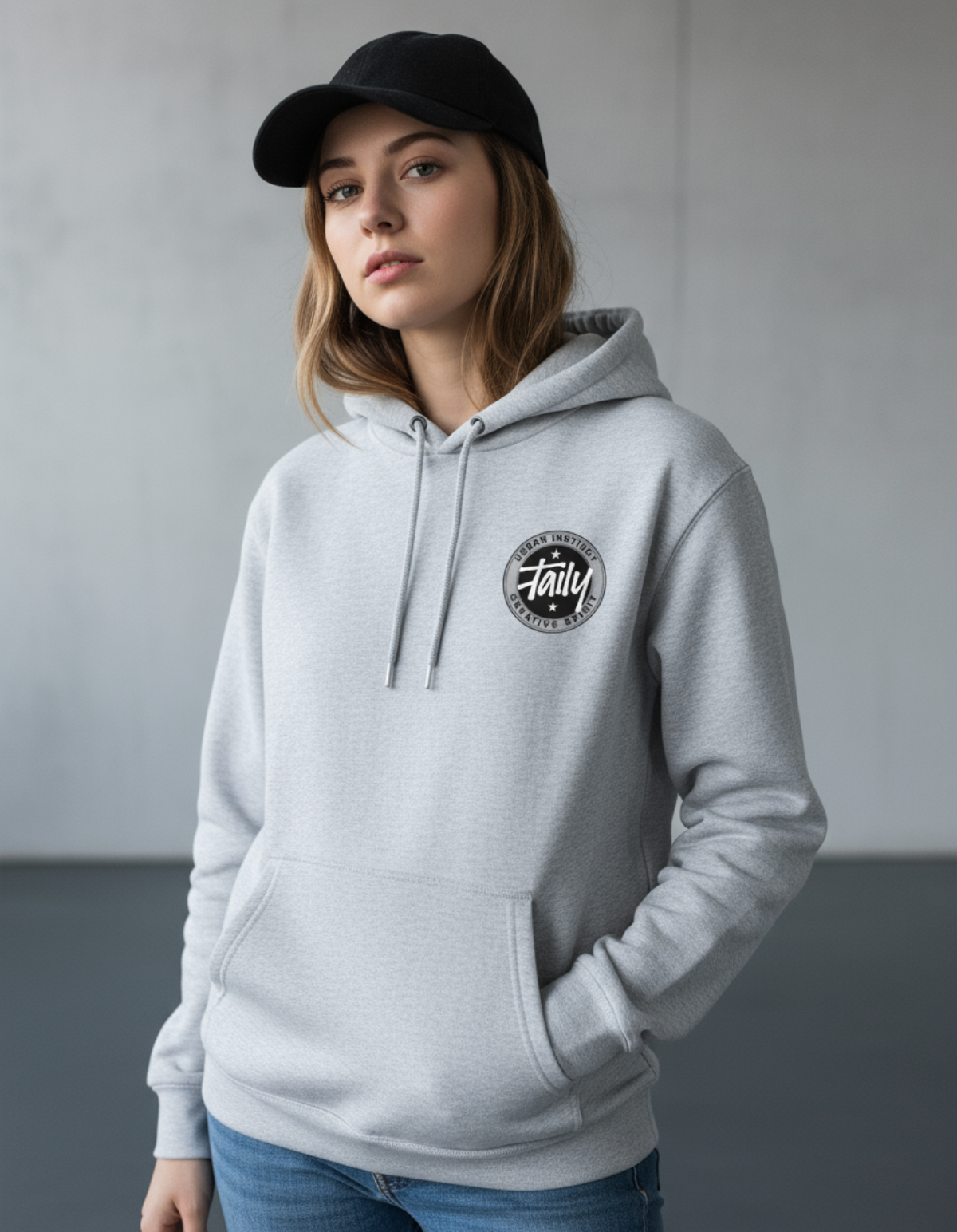 Taily Horizons Instinct Hoodie – Heather Grey worn by a model, showcasing comfort and style in a modern setting.