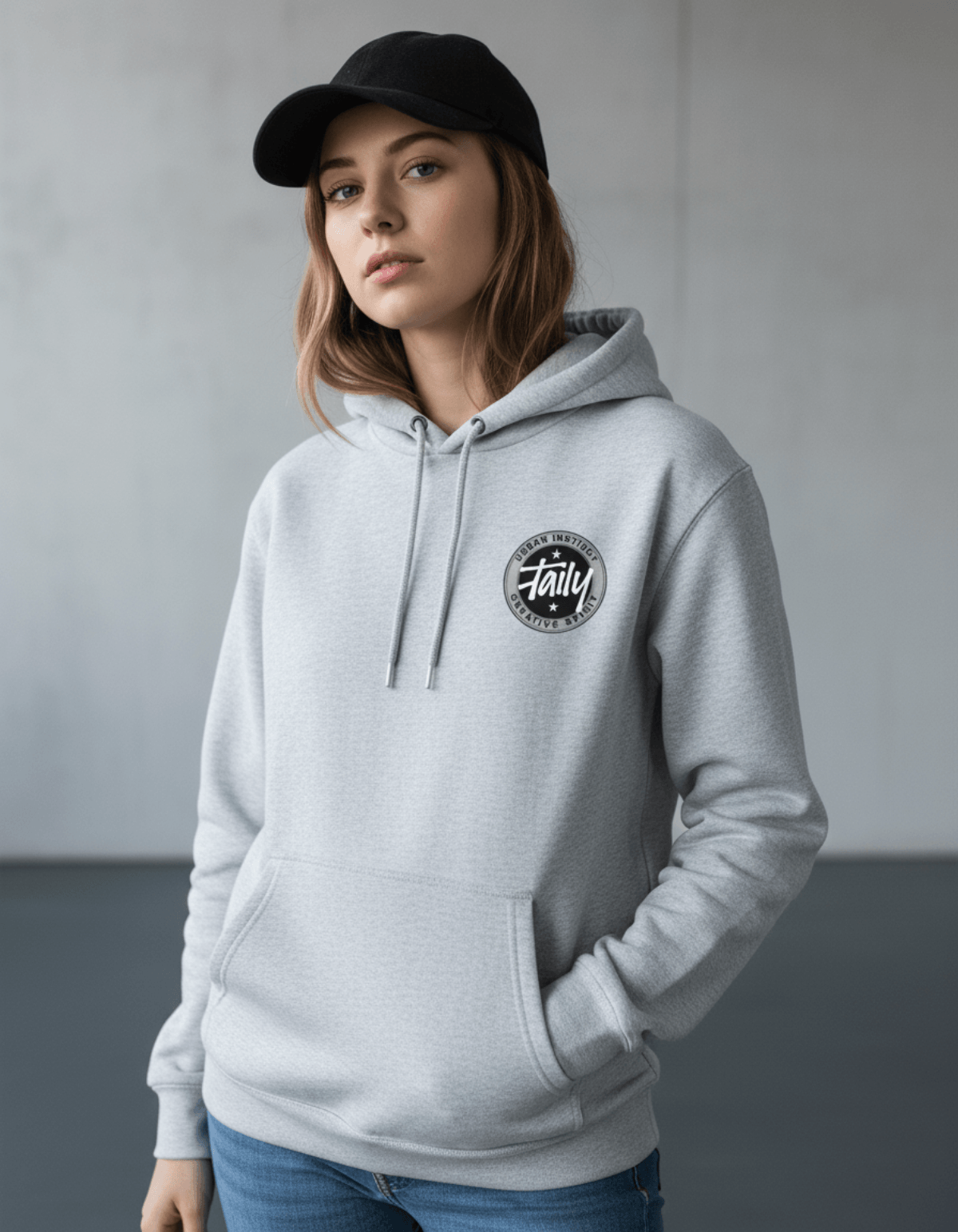 Taily Horizons Instinct Hoodie – Heather Grey worn by a model, showcasing comfort and style in a modern setting.