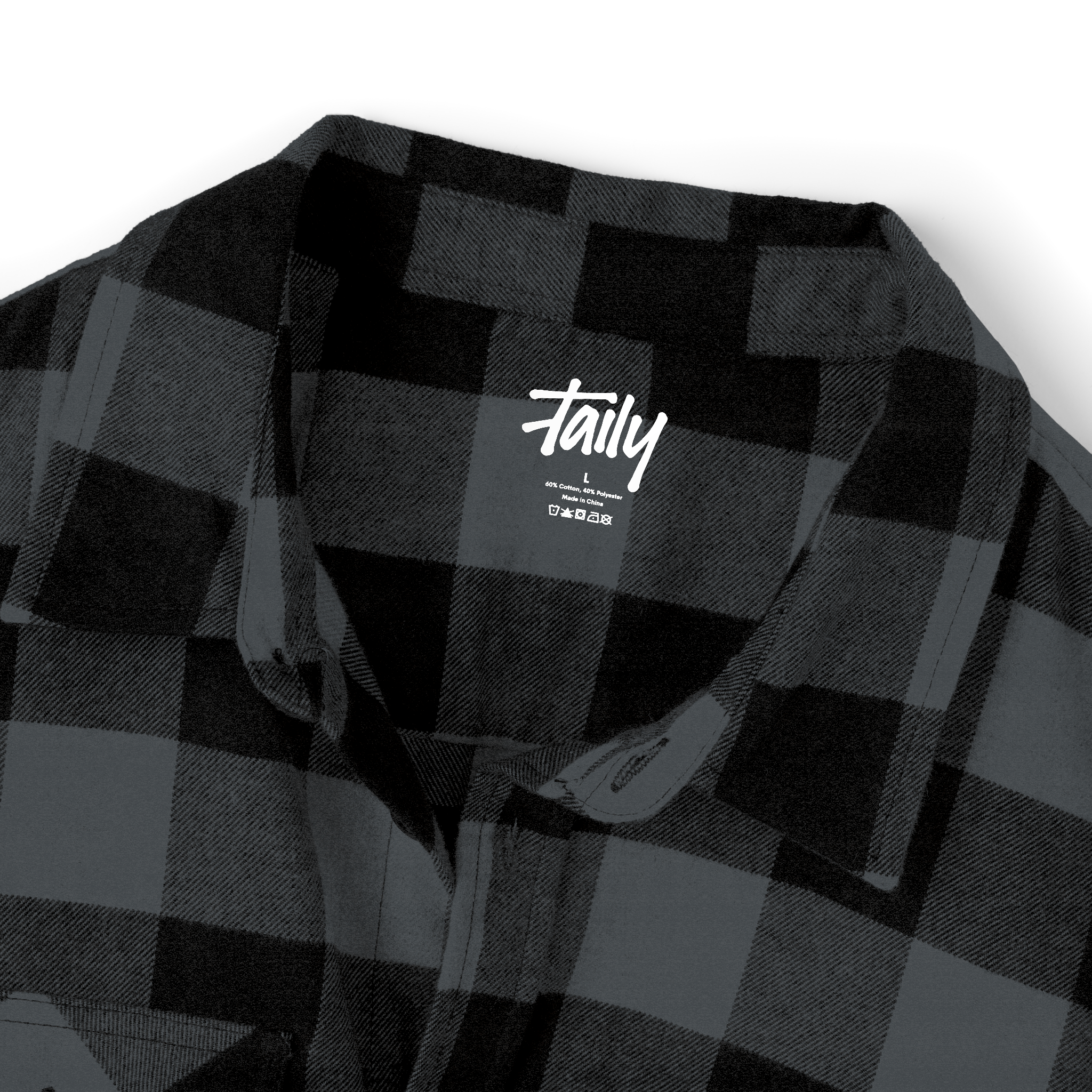 Taily Coffee flannel shirt in Charcoal Heather with a classic plaid pattern and logo detail on the collar.