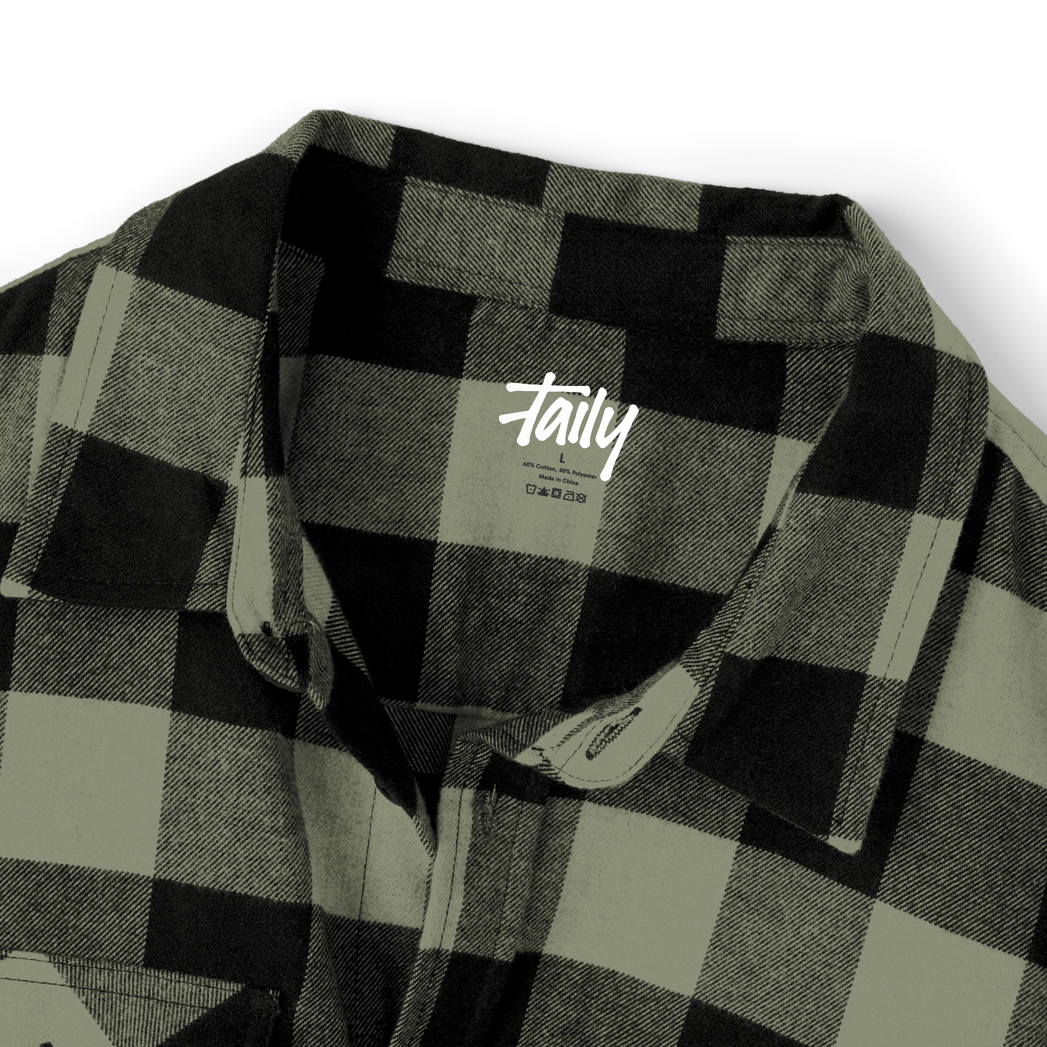 Taily Coffee flannel shirt showing olive plaid pattern and front collar detail.