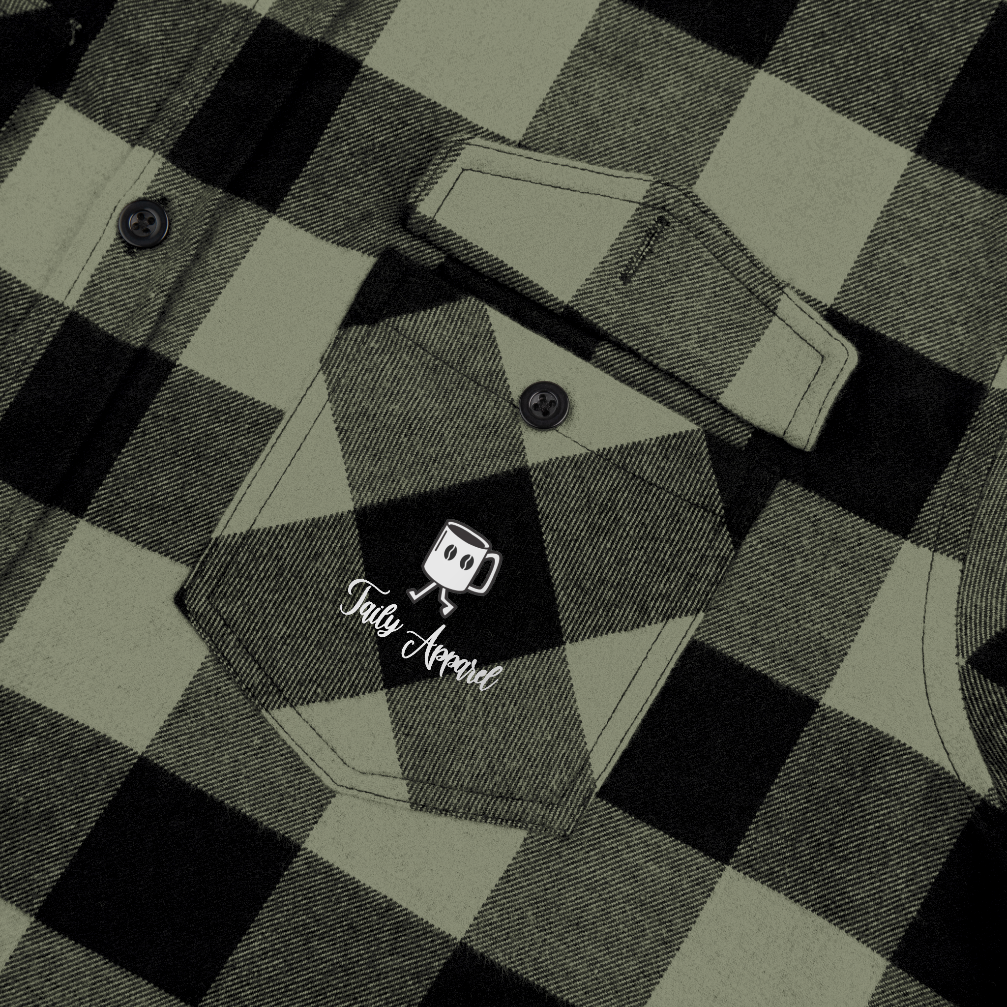 Taily Coffee flannel shirt in Olive featuring embroidered front pocket and classic buffalo plaid pattern.