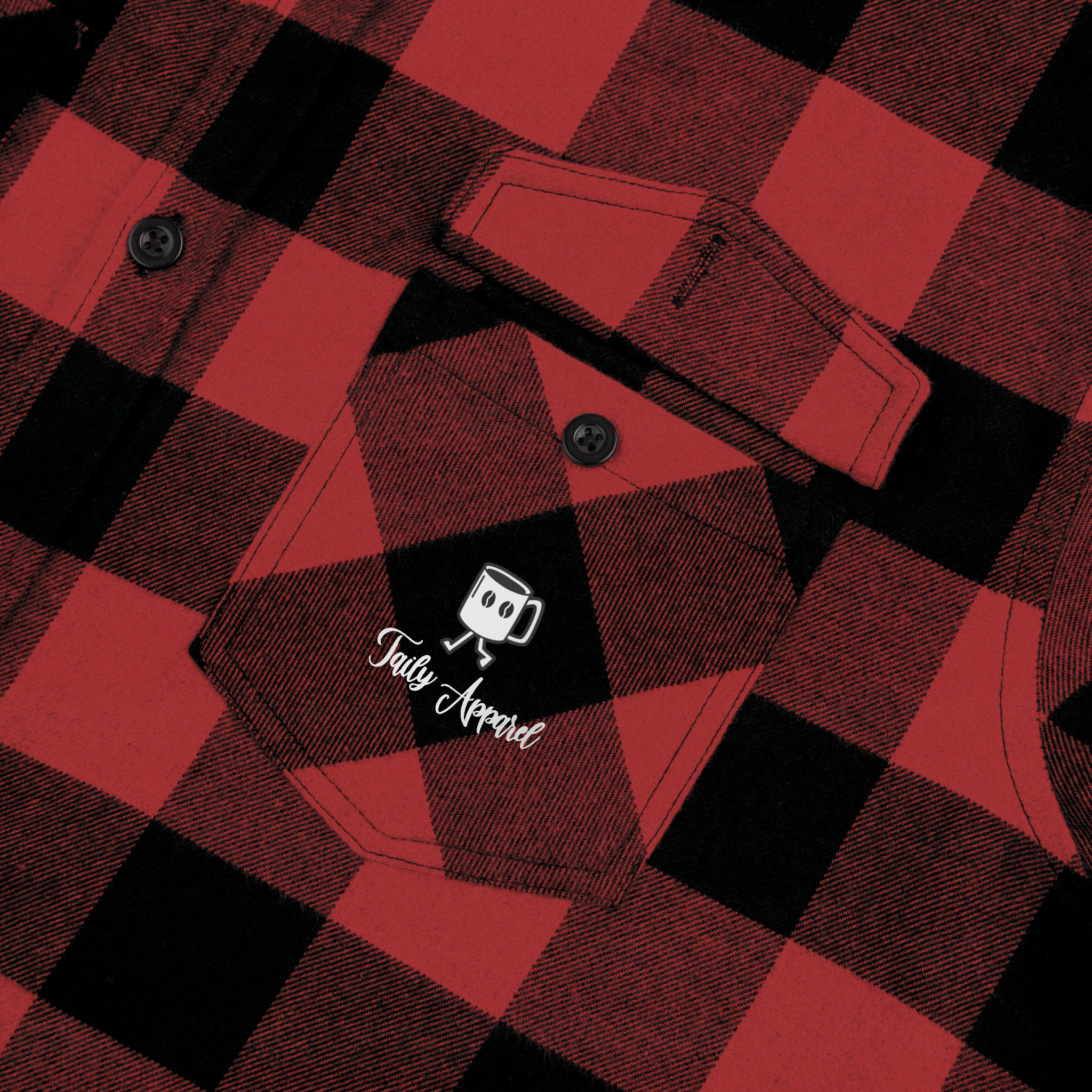 Taily Coffee flannel shirt in red buffalo-plaid pattern featuring an embroidered pocket logo.