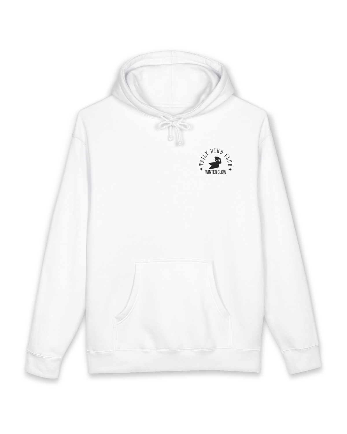 Taily Bird Club Winter Glow Hoodie in white with front emblem and cozy design.