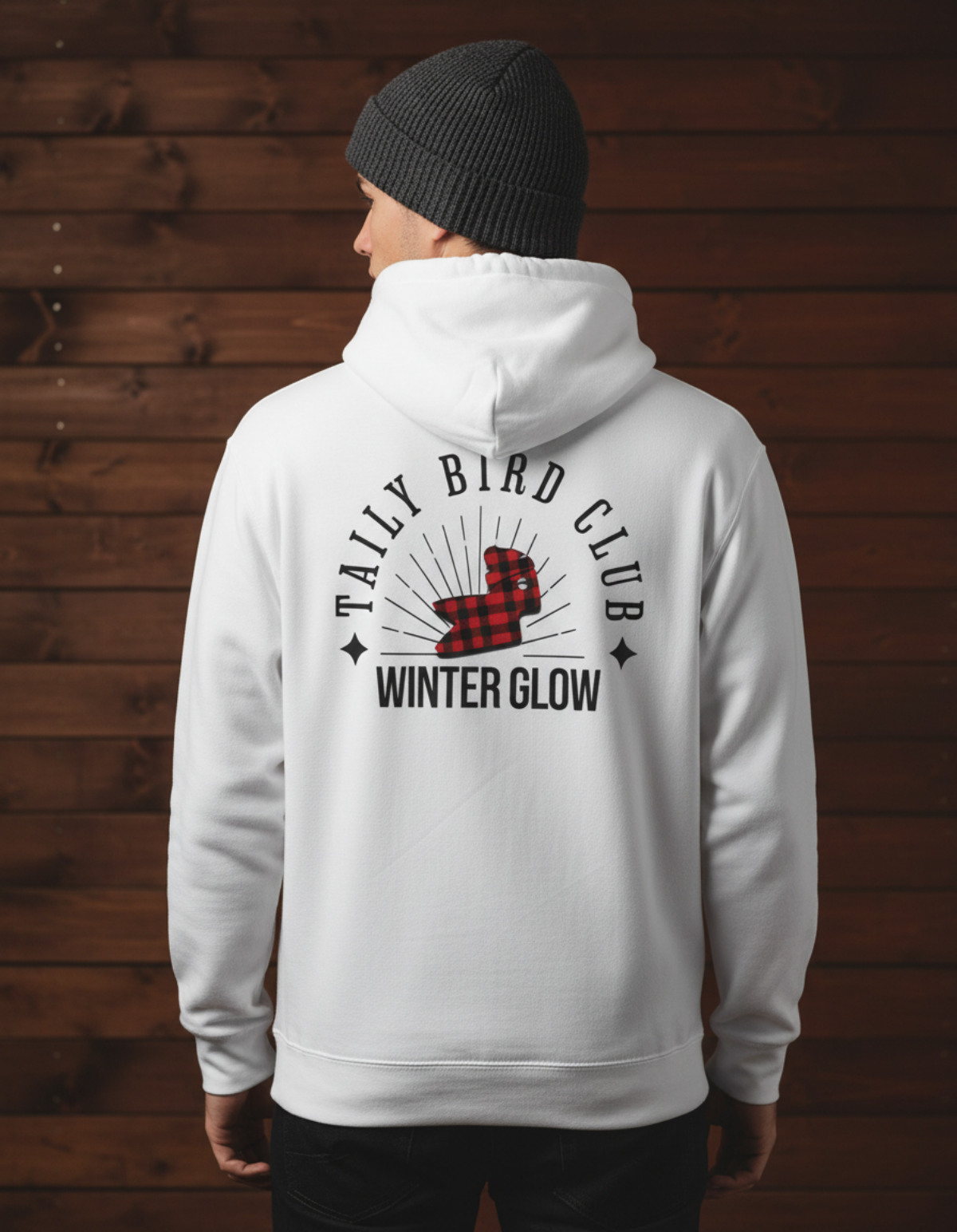 Taily Bird Club Winter Glow Hoodie – White featuring a bold graphic and vintage lettering on back.