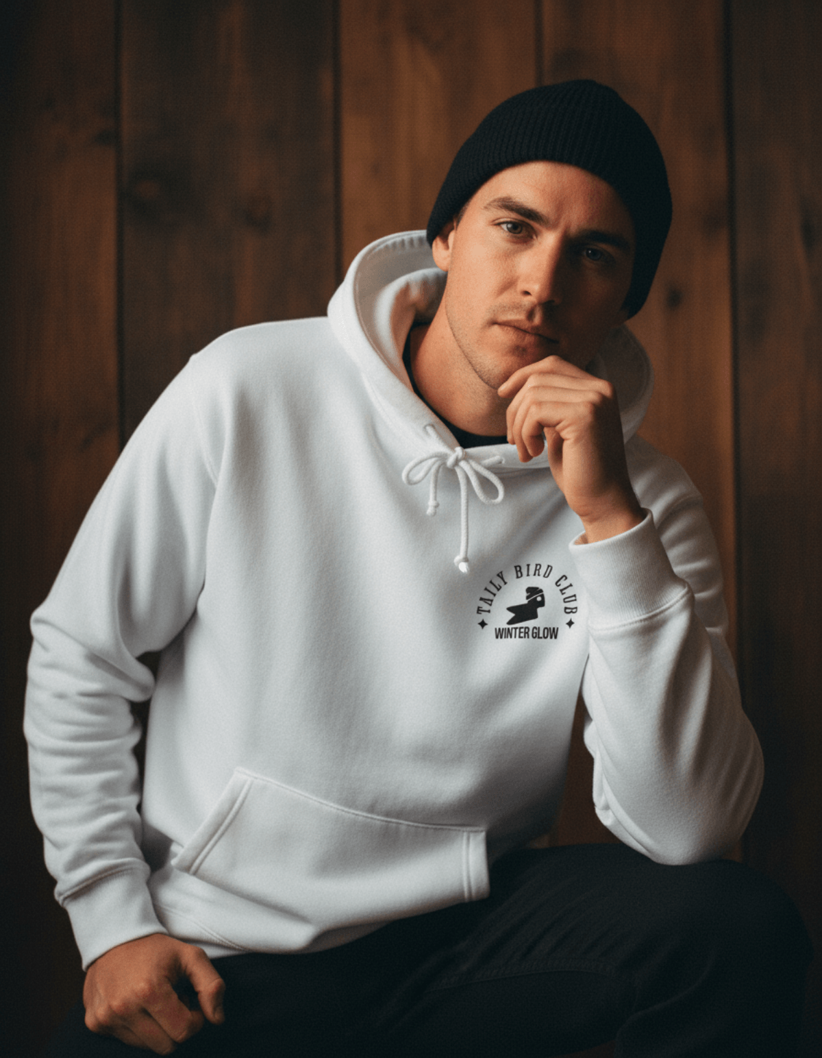 Taily Bird Club Winter Glow Hoodie – White worn by a model with a beanie, featuring winter glow emblem on front.