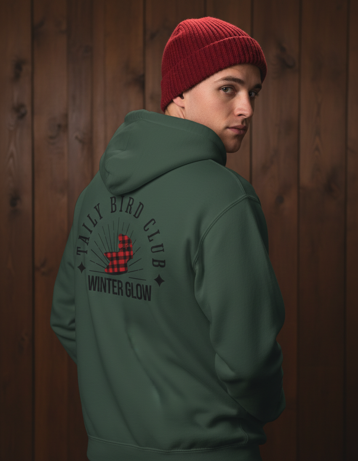 person wearing Taily Bird Club Winter Glow Hoodie in Alpine Green with red beanie against wooden background