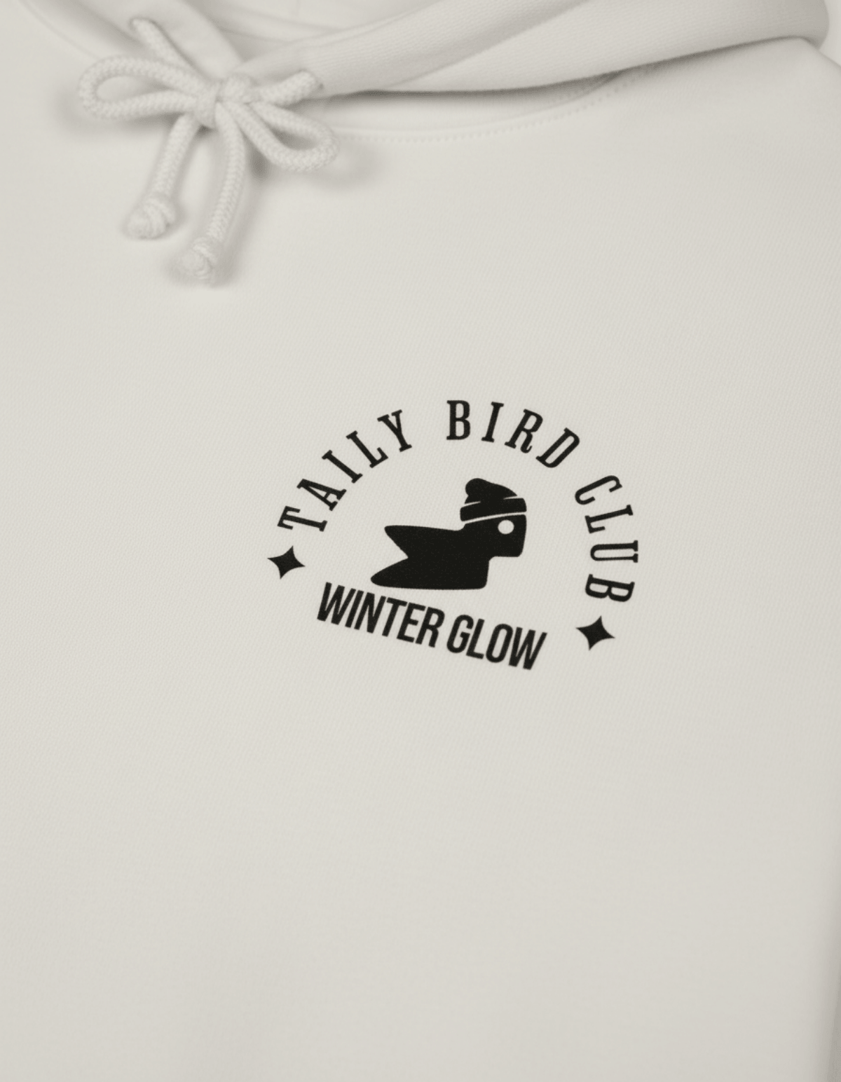 Taily Bird Club Winter Glow Hoodie – Bone front emblem detail featuring bold vintage lettering.