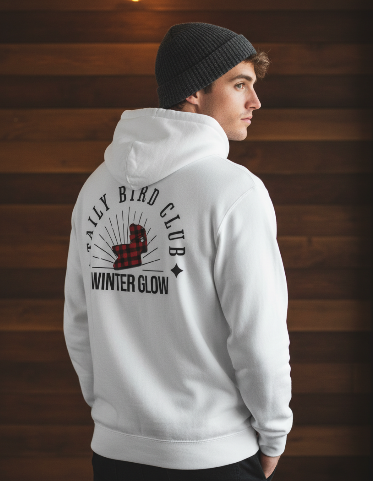 Taily Bird Club Winter Glow Hoodie in white featuring vintage graphic and cozy design, perfect for winter fashion.