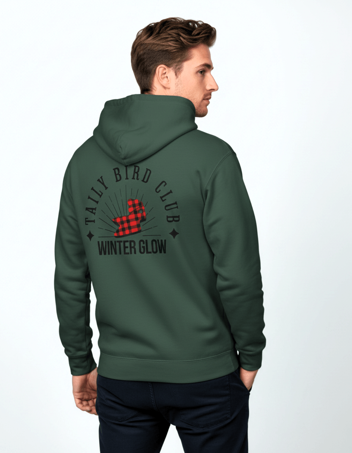 Taily Bird Club Winter Glow Hoodie – Alpine Green shown on a model from the back, featuring the Winter Glow emblem.