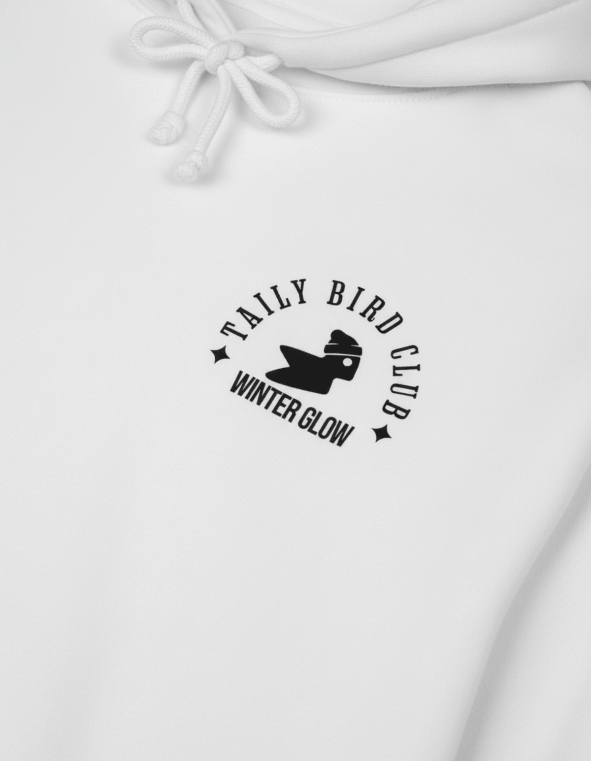 Taily Bird Club Winter Glow Hoodie – White front emblem detail in black on a white background.