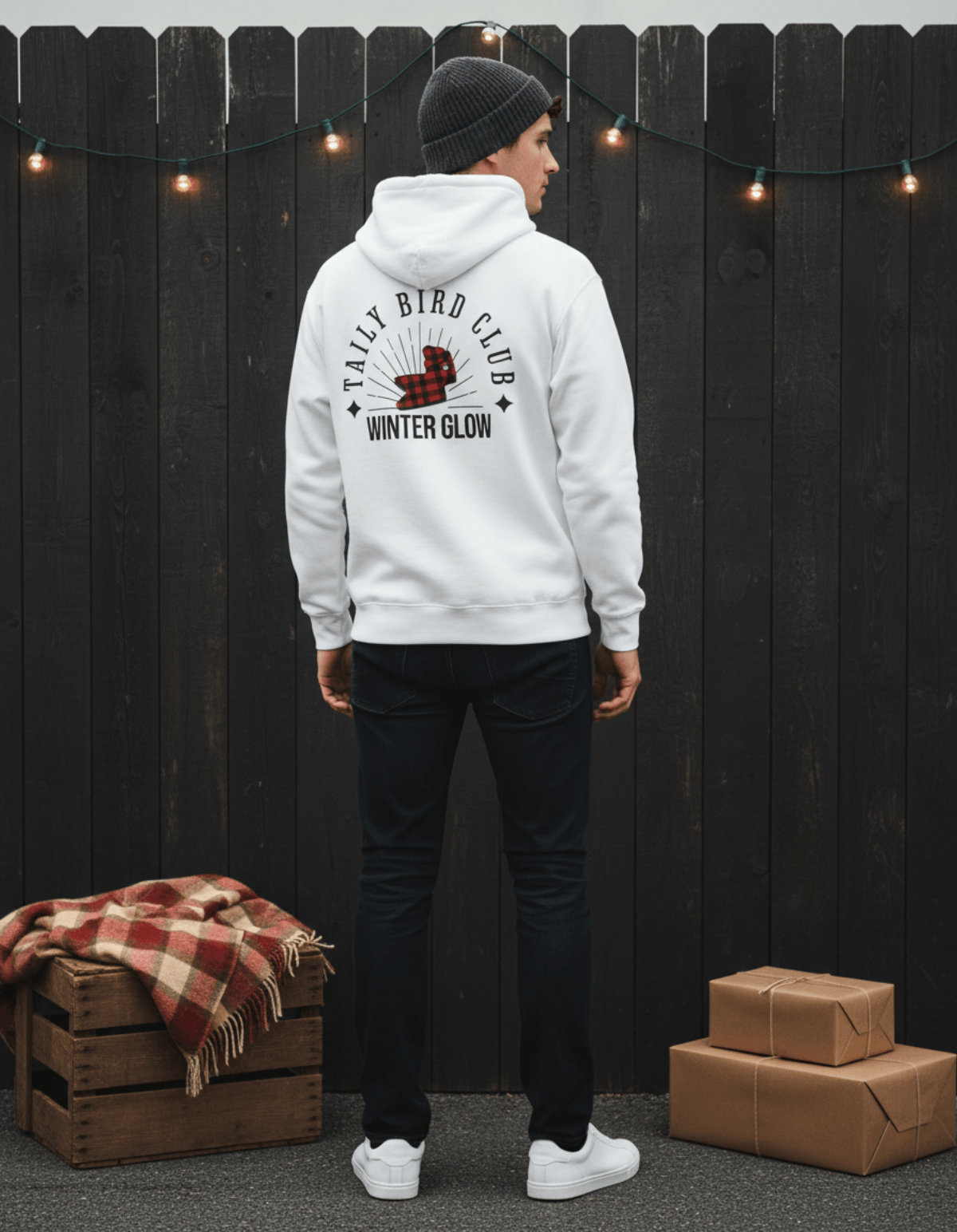 Model wearing Taily Bird Club Winter Glow Hoodie – White, featuring back graphic and cozy styling.