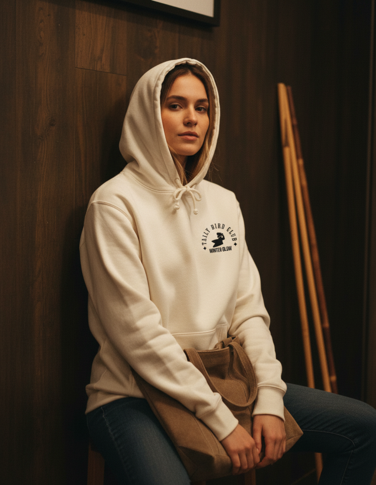 Model wearing the Taily Bird Club Winter Glow Hoodie – Bone, featuring a cozy design and a signature emblem.