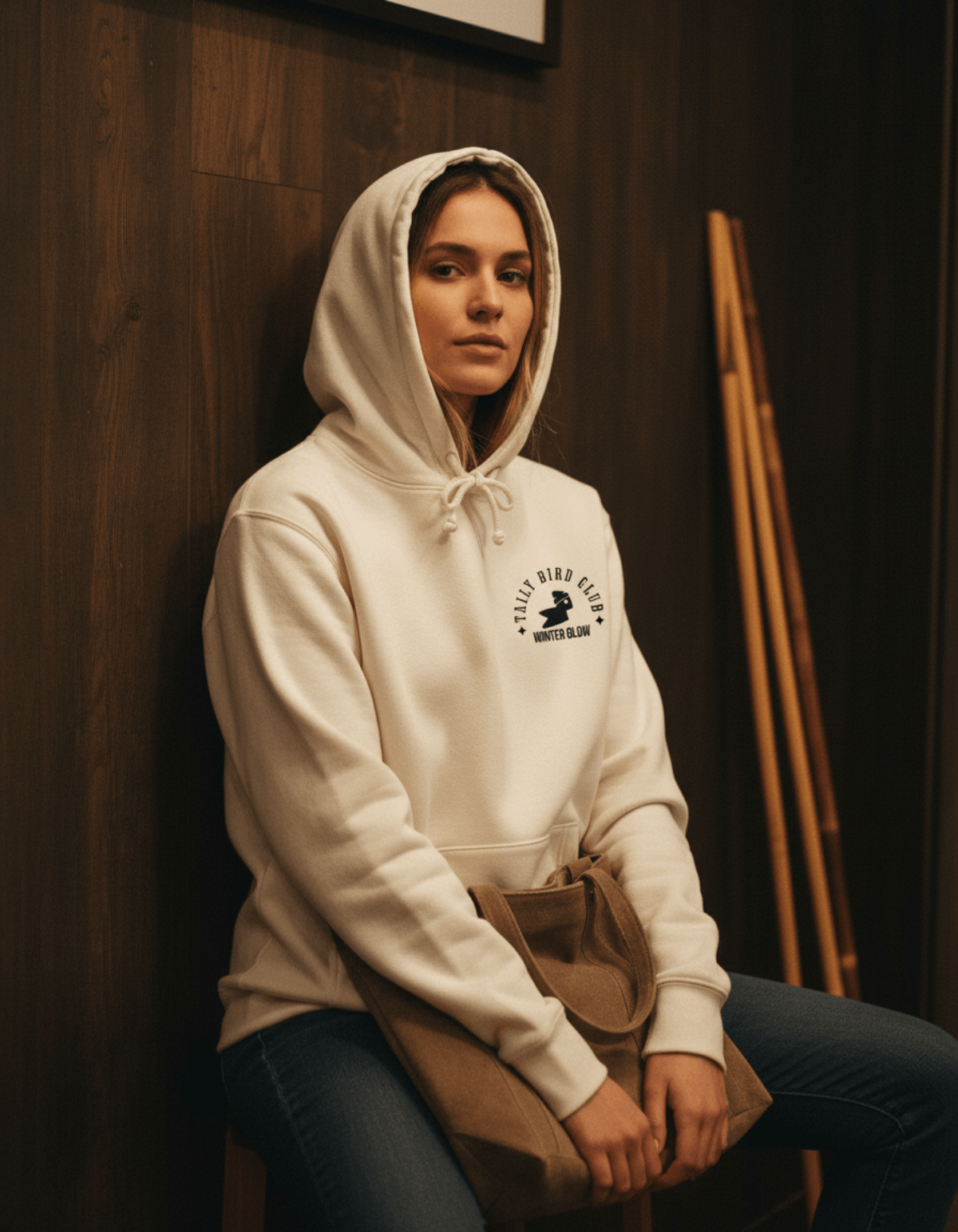 Taily Bird Club Winter Glow Hoodie – Bone worn by a model, showcasing streetwear style and cozy design.