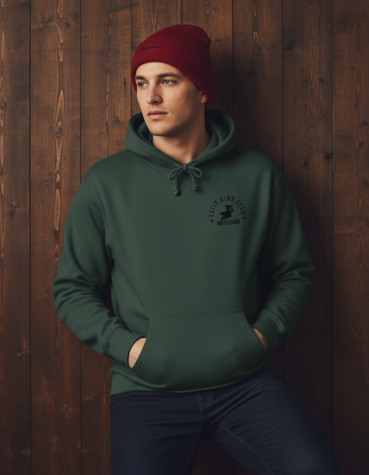 Taily Bird Club Winter Glow Hoodie in Alpine Green worn by a model, featuring a Winter Glow emblem and cozy streetwear style.