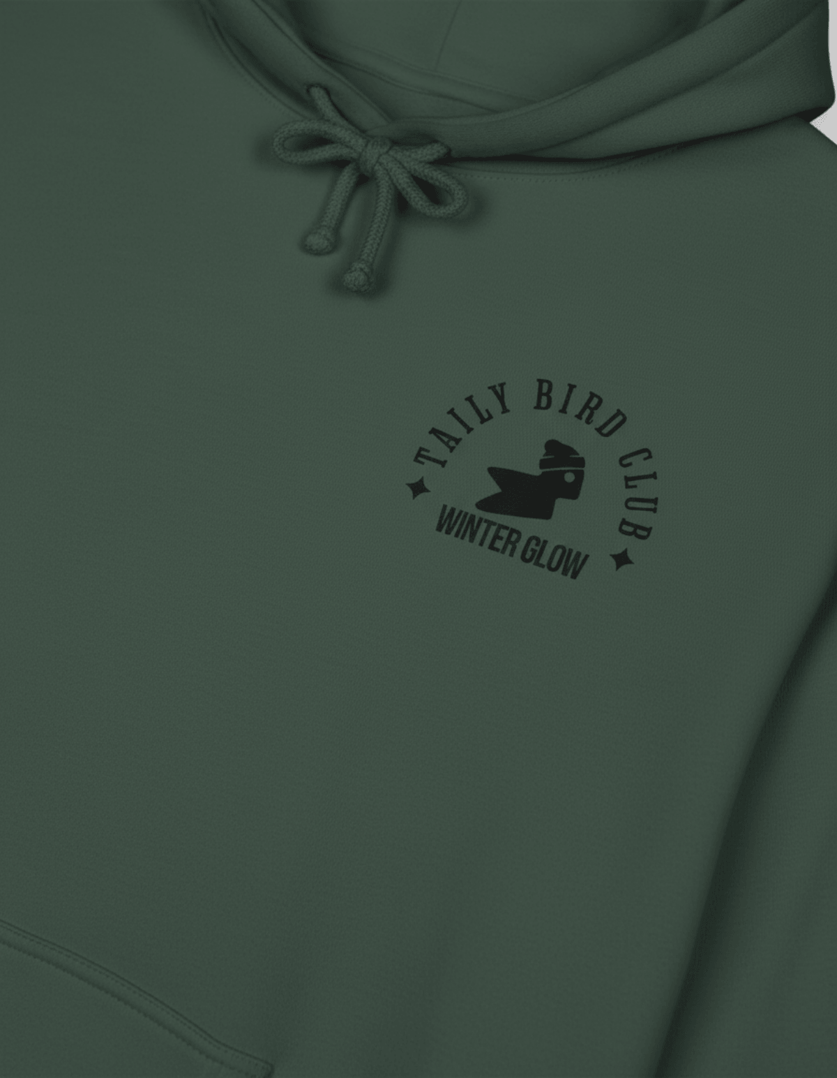 Taily Bird Club Winter Glow Hoodie – Alpine Green featuring Winter Glow emblem on front in cozy holiday design.
