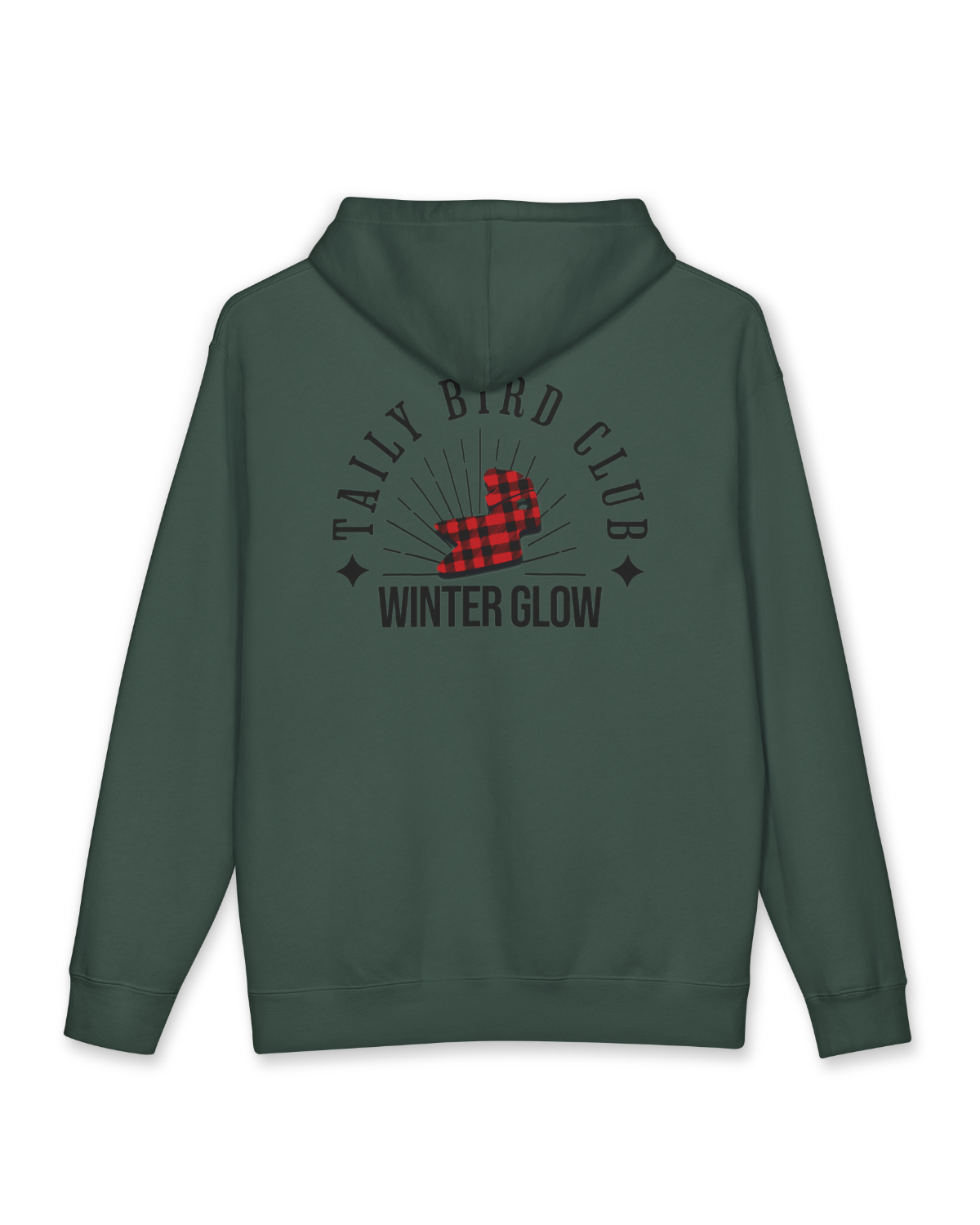 Taily Bird Club Winter Glow Hoodie in Alpine Green, showcasing bold graphic and vintage diner-style lettering on the back.
