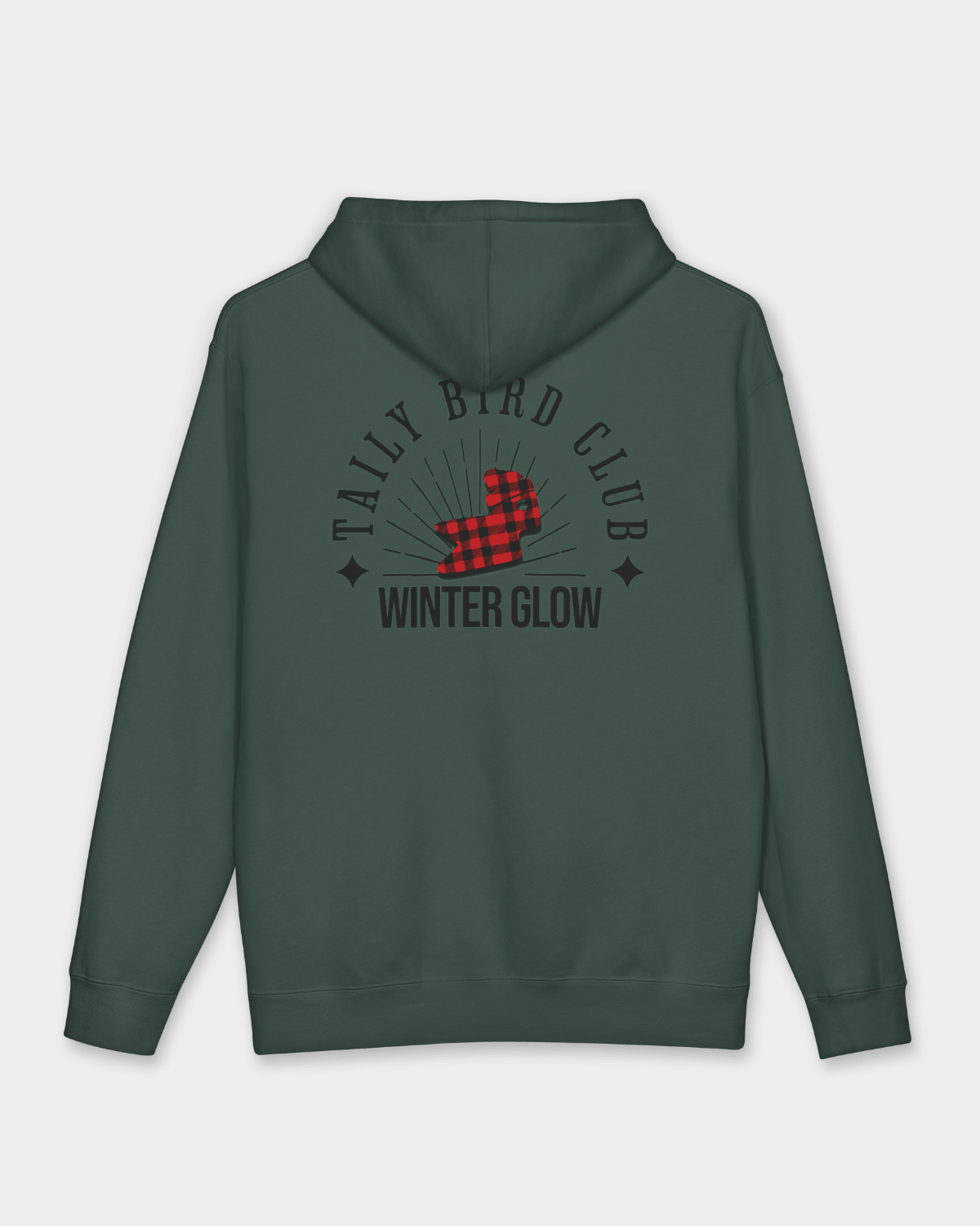 Taily Bird Club Winter Glow Hoodie – Alpine Green back view featuring bold graphics and cozy design.