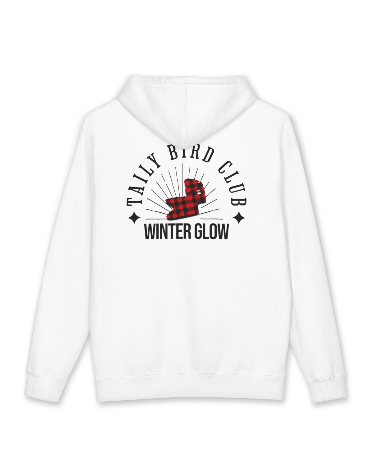 Back view of the Taily Bird Club Winter Glow Hoodie in white with bold graphic design.