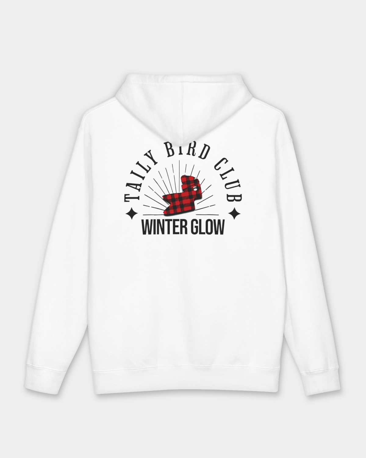 Back view of the Taily Bird Club Winter Glow Hoodie – White showcasing the Winter Glow graphic design.