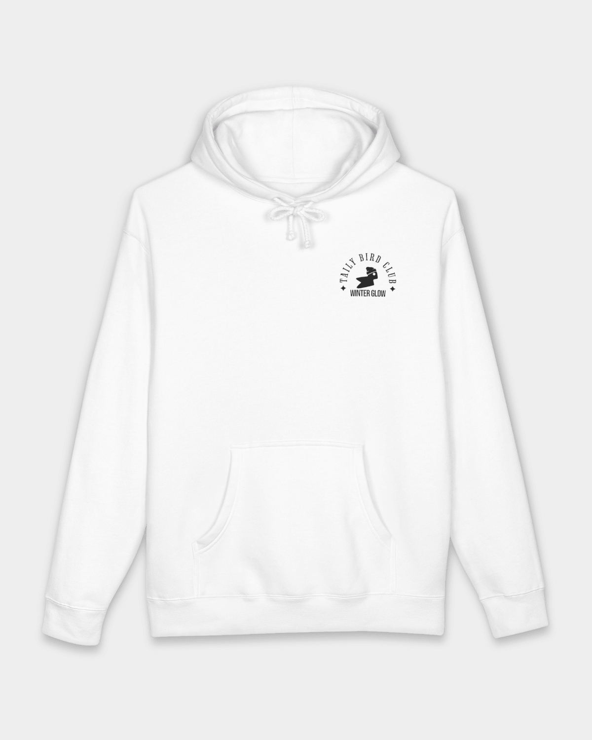 Taily Bird Club Winter Glow Hoodie – White displayed on a white background, featuring a small emblem on the front.