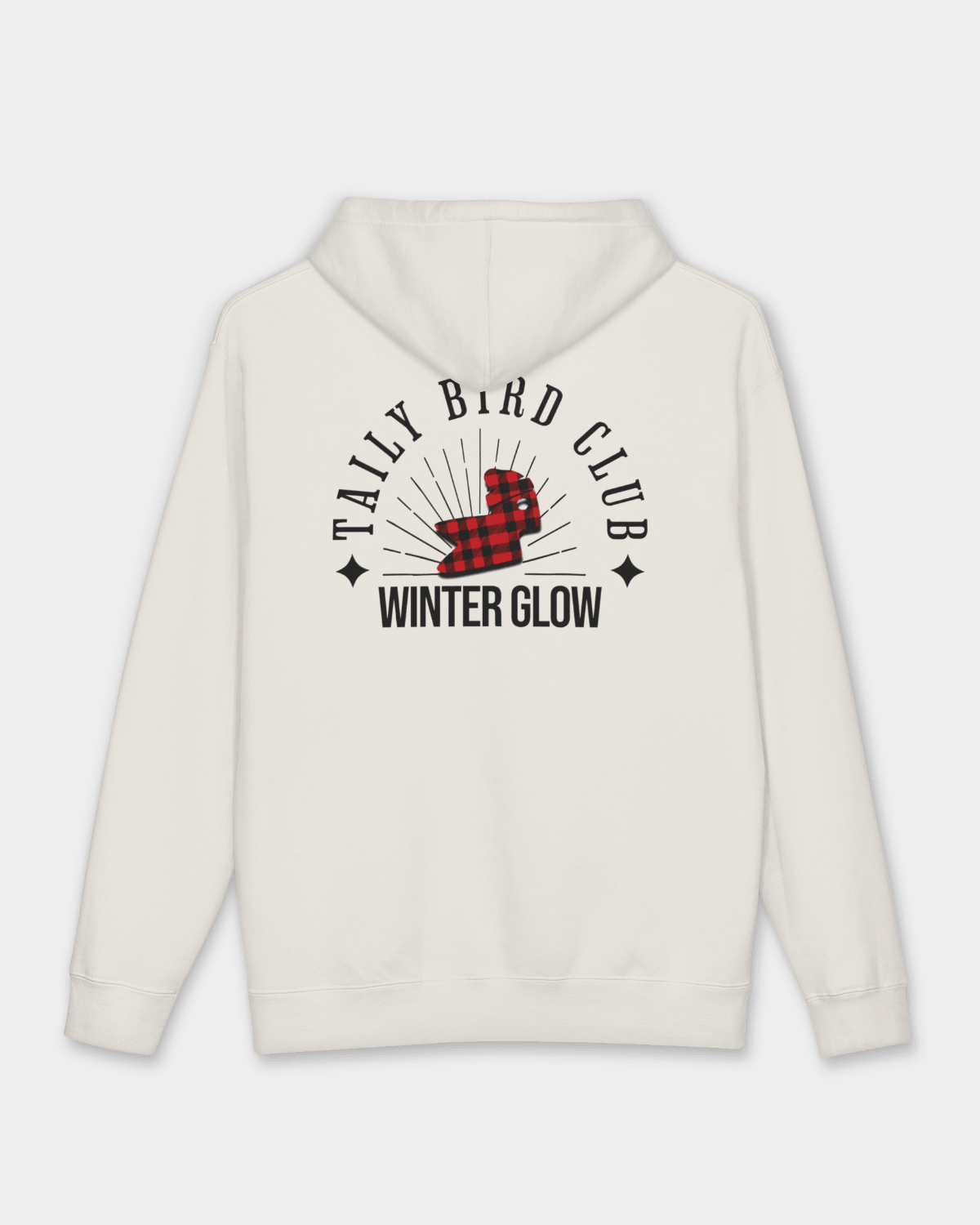 Taily Bird Club Winter Glow Hoodie – Bone featuring a vintage diner-style graphic on the back.