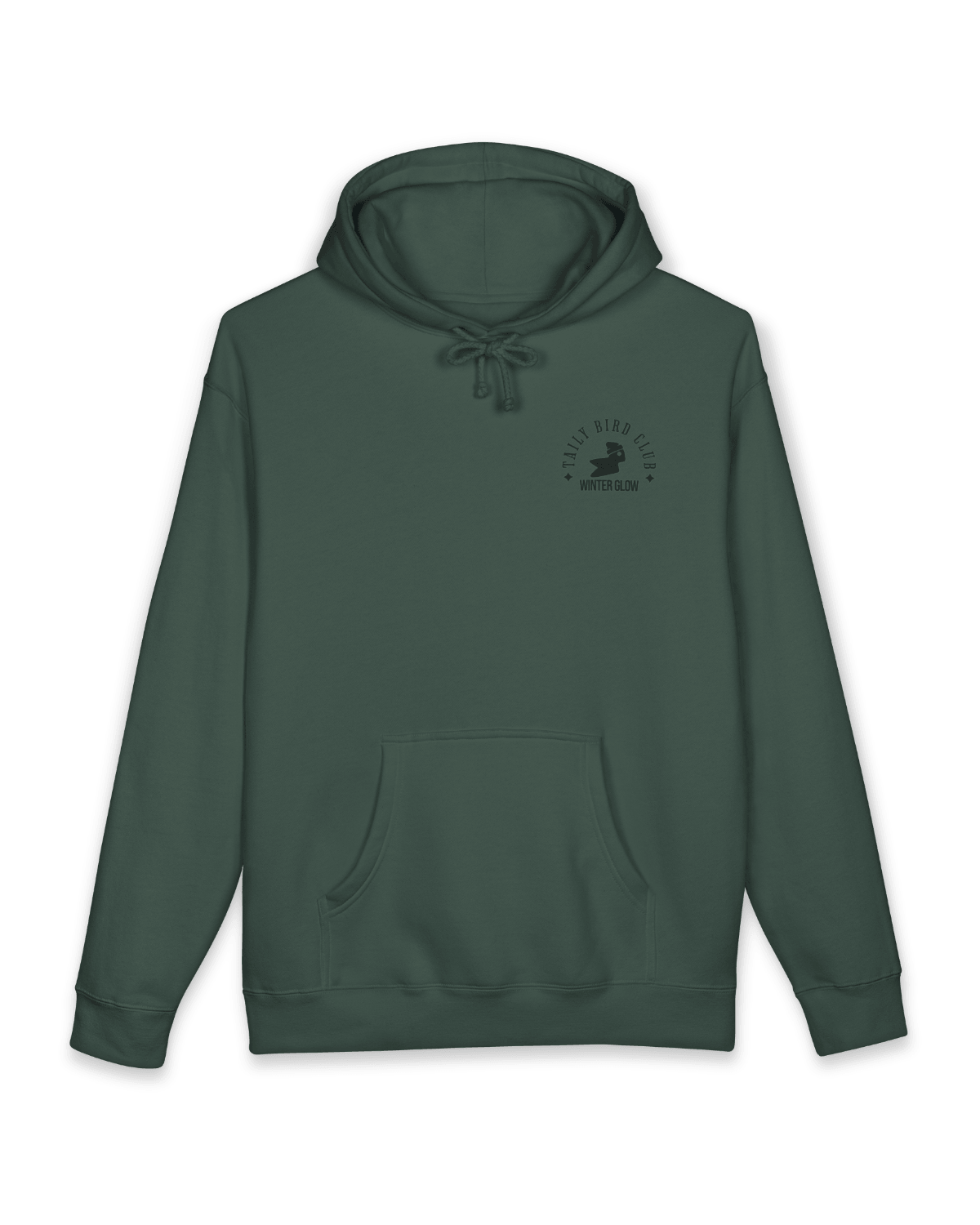 Taily Bird Club Winter Glow Hoodie – Alpine Green with front emblem.