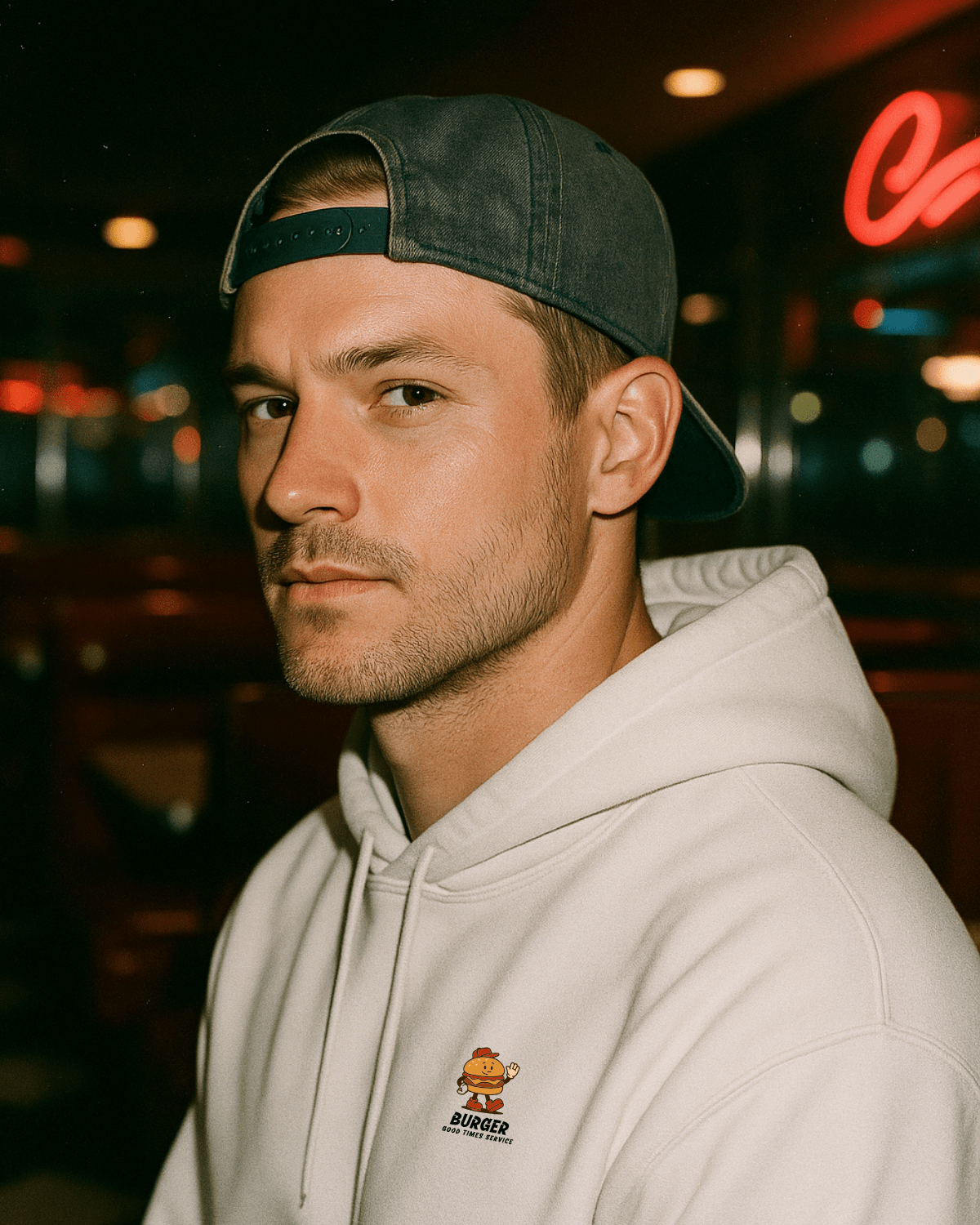 Vintage Burger Hoodie – Good Times Service (White) worn by a man in a diner setting.