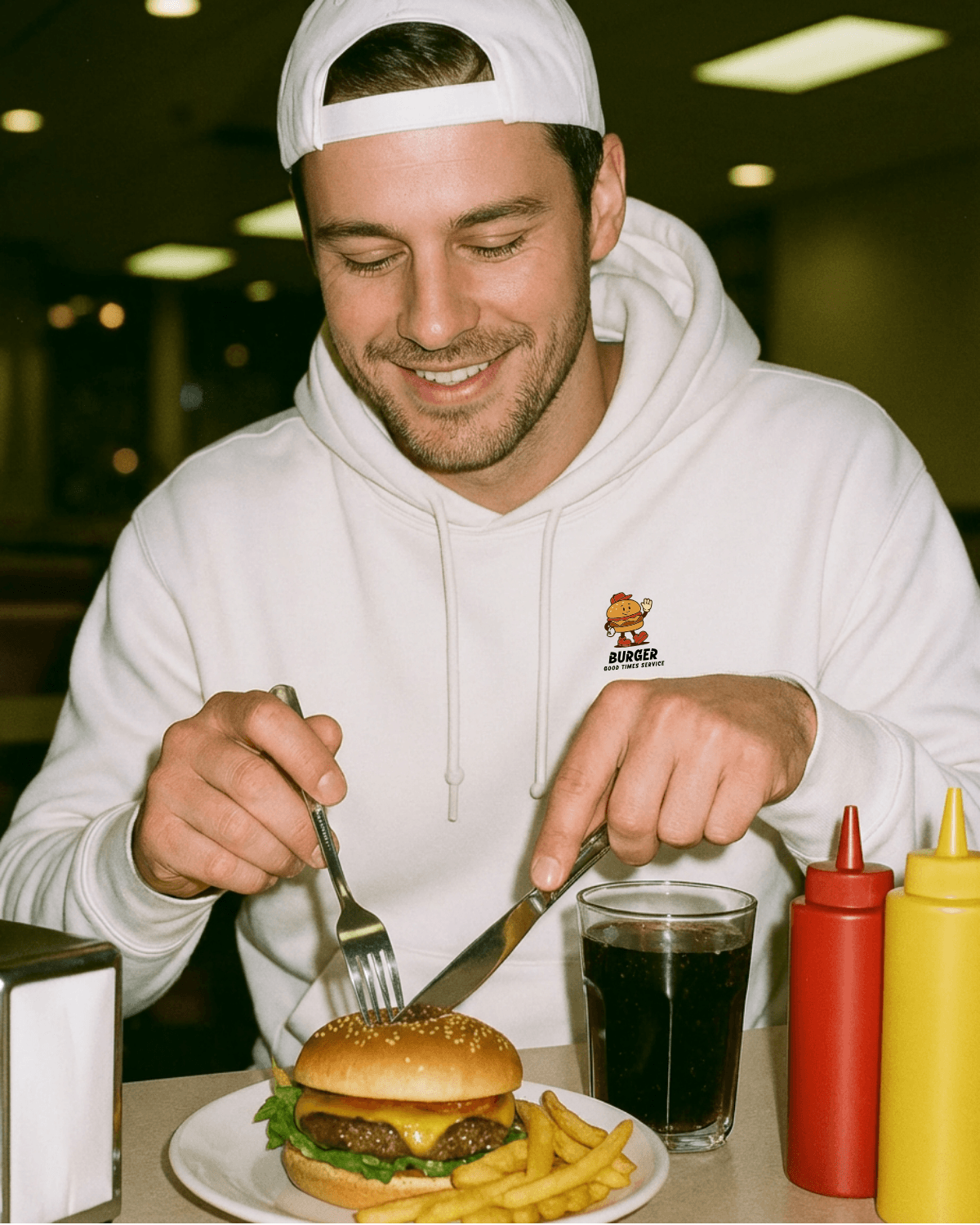 Man enjoying a meal in a Vintage Burger Hoodie – Good Times Service (White) at a diner with fries and soda.