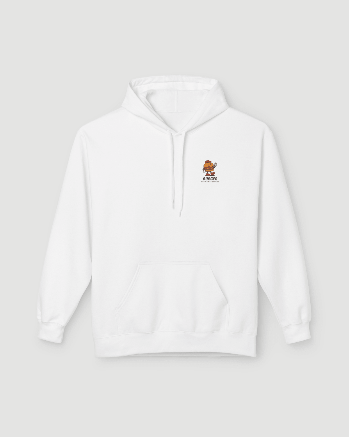 Vintage Burger Hoodie – Good Times Service (White) featuring a retro burger character on the chest.