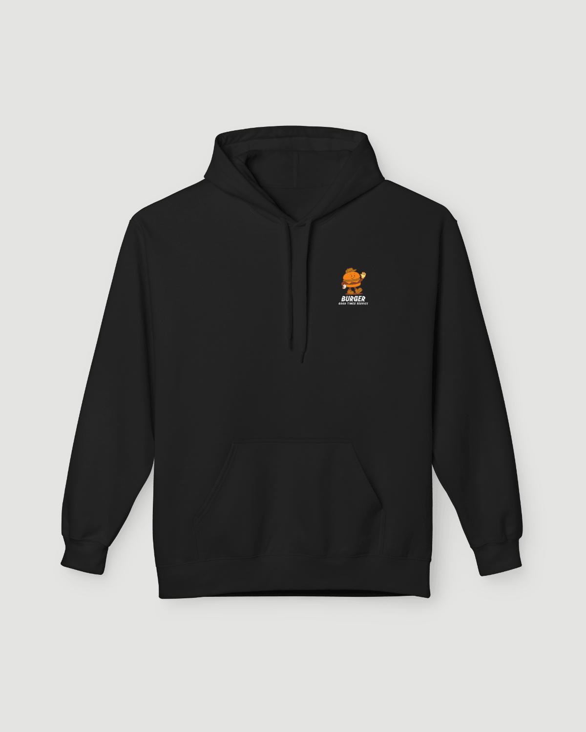 Burger Hoodie – Good Times Service (Black) featuring a small burger graphic on a black background.