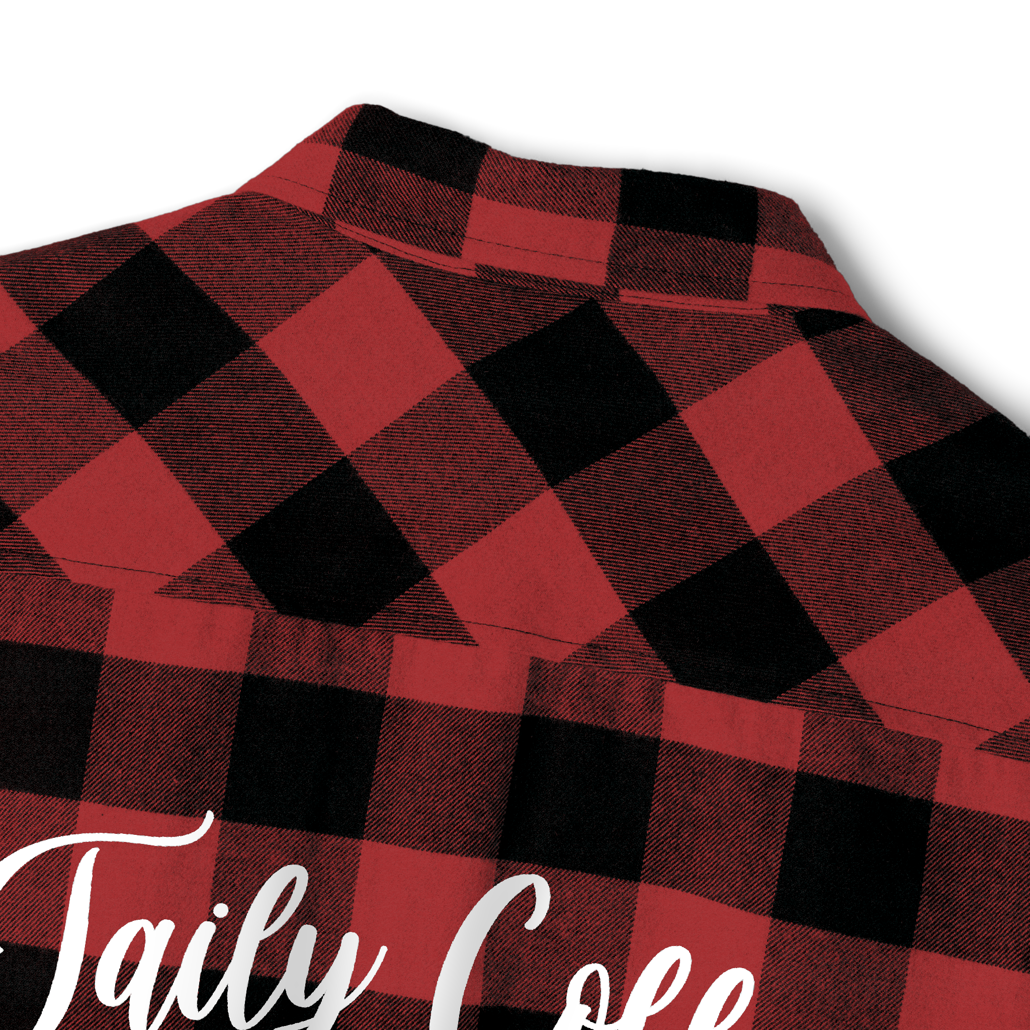 Back view of the Taily Coffee flannel shirt in red buffalo-plaid pattern with signature logo design.