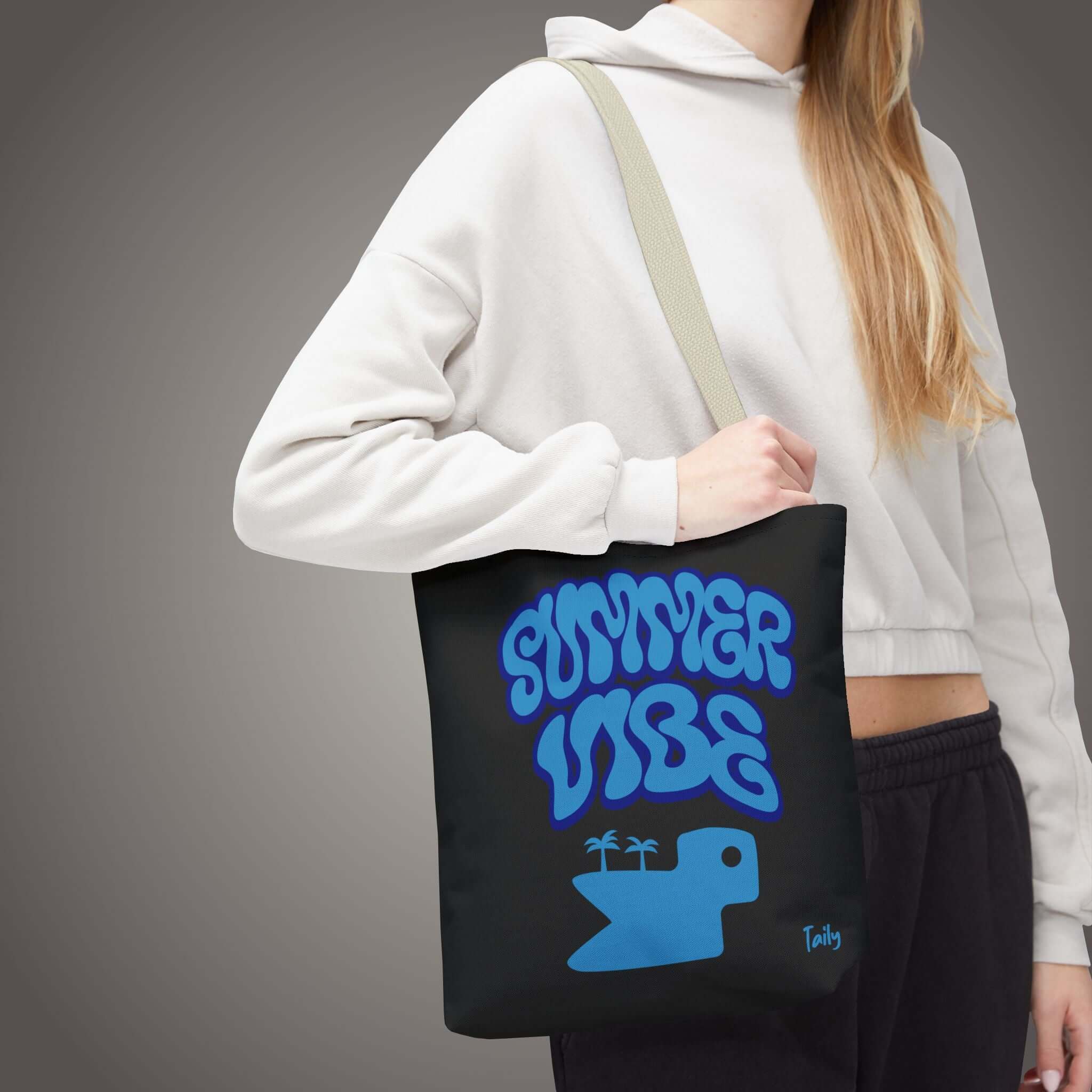 Black Summer Vibe Tote Bag by Taily Apparel, featuring bold retro lettering and beach-themed design.