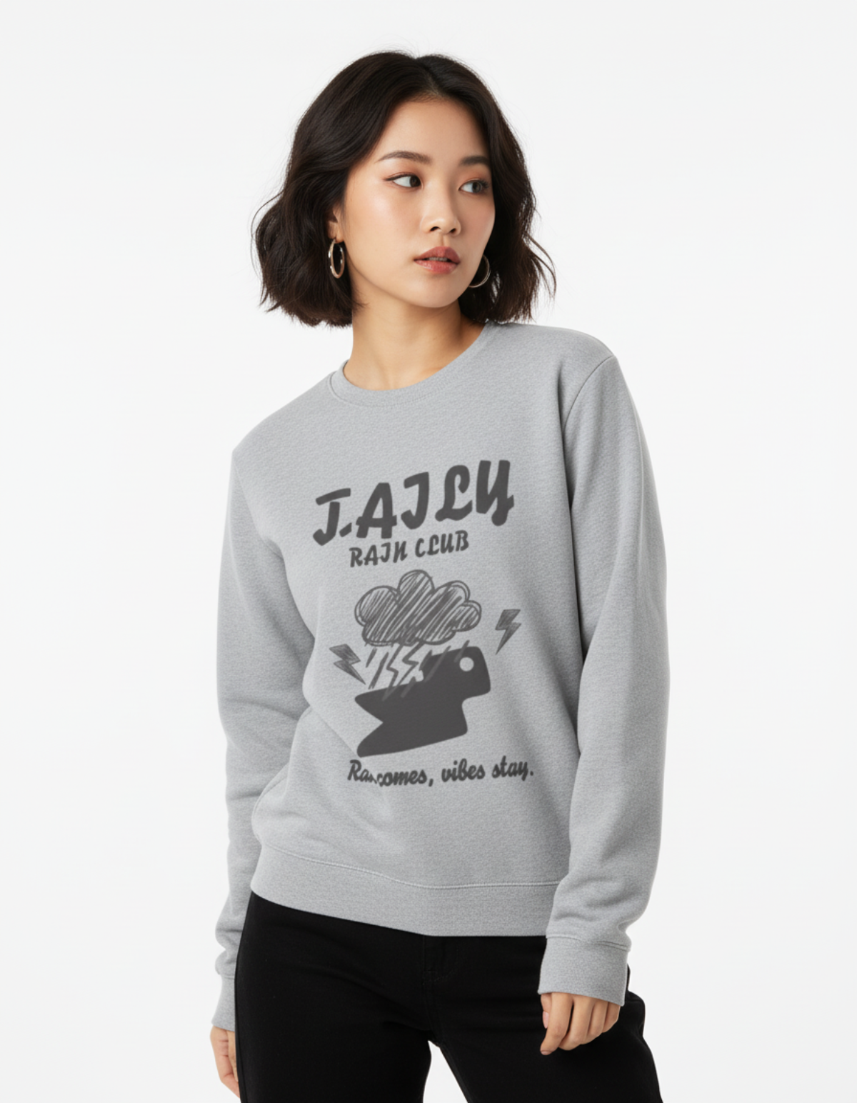 Model wearing Taily Rain Club sweatshirt in Sport Grey with hand-drawn cloud and lightning design.