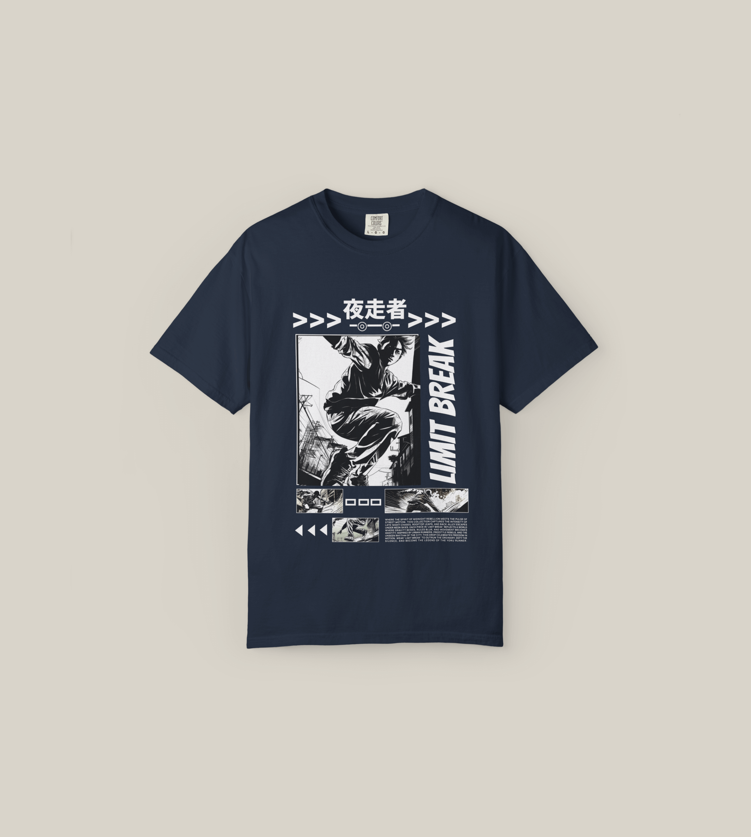 Taily Limit Break Streetwear Graphic T-Shirt in navy with bold manga-inspired artwork and urban style.
