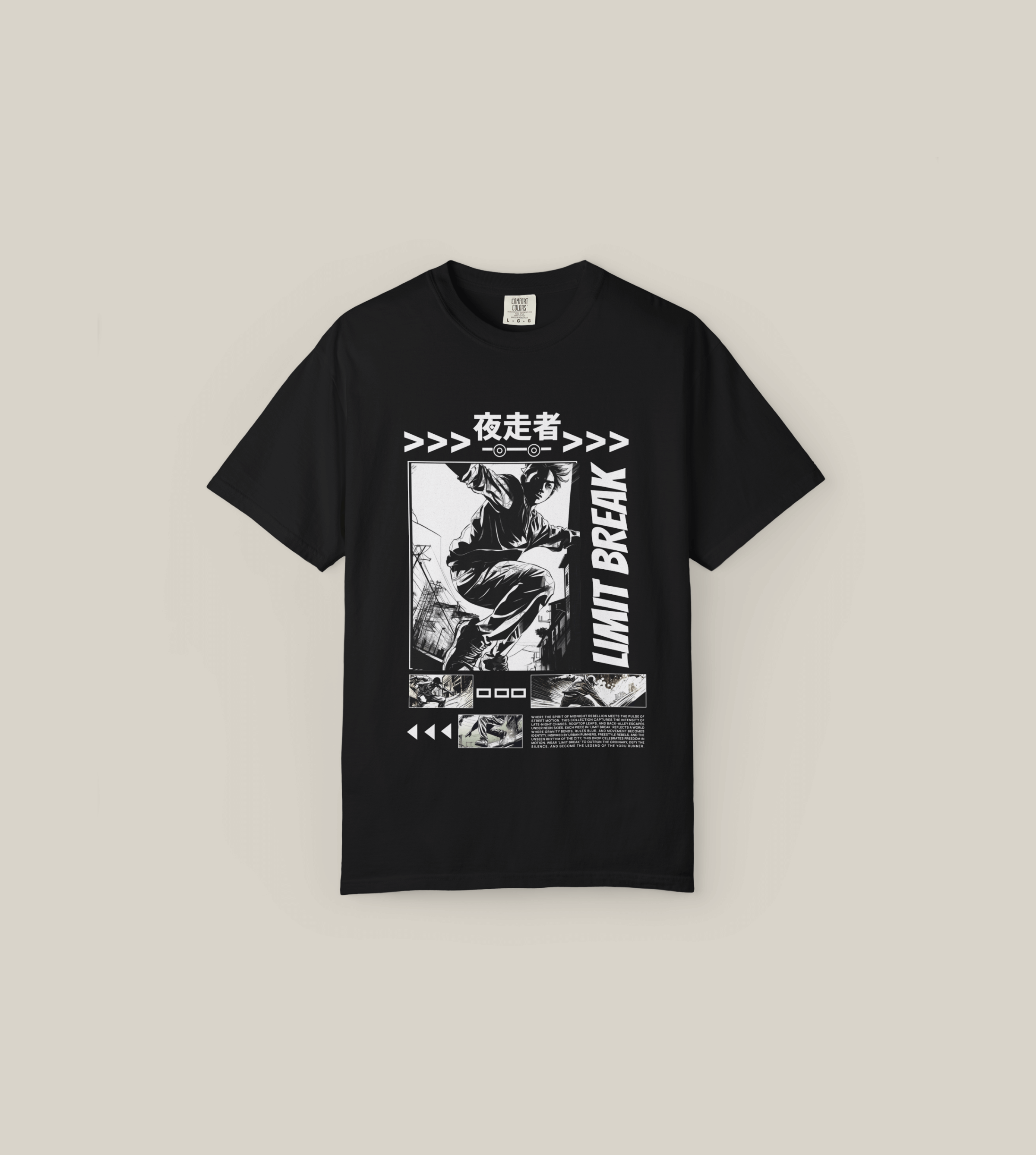 Taily Limit Break black graphic t-shirt featuring bold manga-inspired artwork and urban streetwear style.