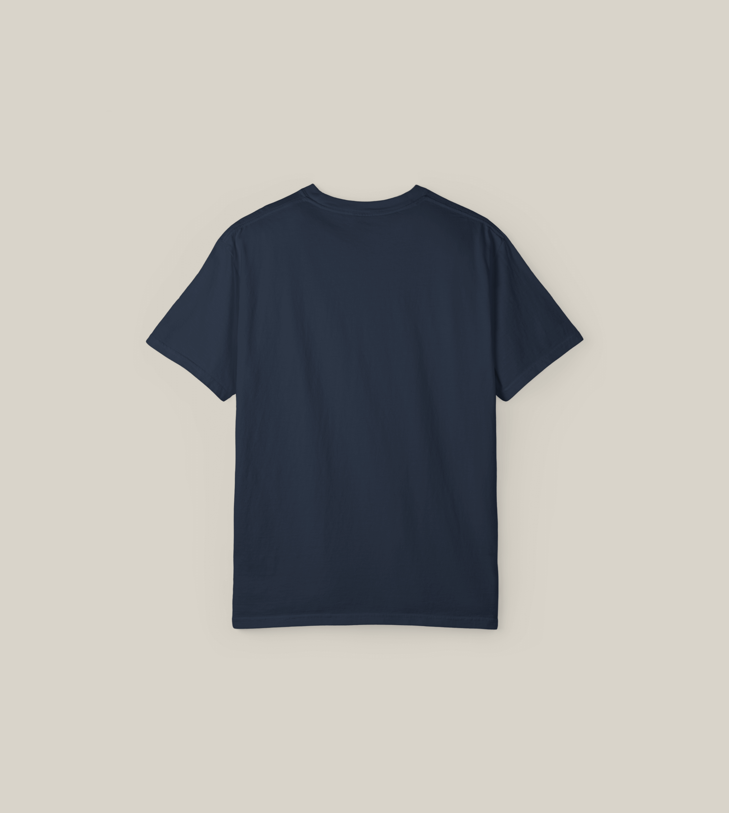 Back view of a navy blue t-shirt on a neutral background, showcasing a simple and clean design.