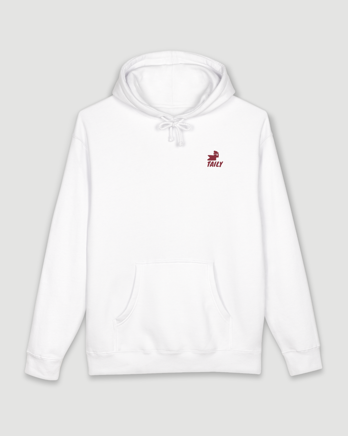 Taily Bird Parkland Hoodie – White with front logo and drawstring hood.