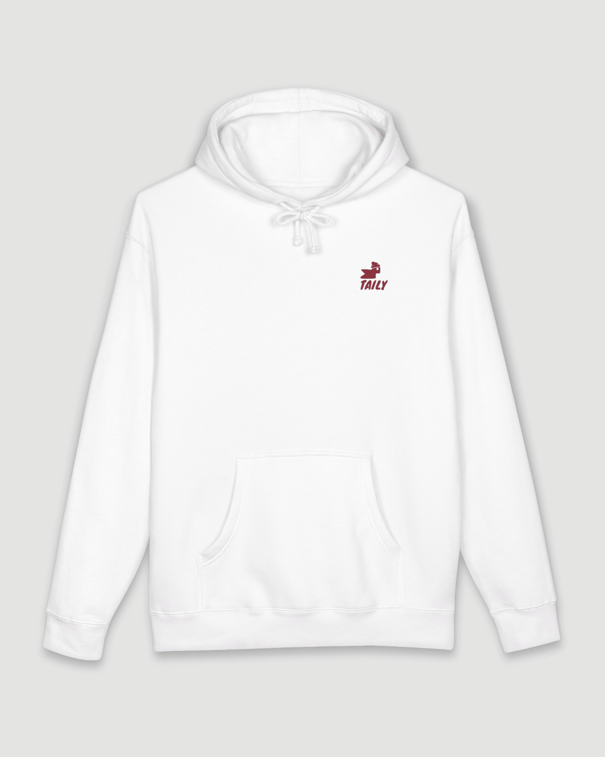 Taily Bird Parkland Hoodie – White front view with logo, relaxed fit and fleece material.