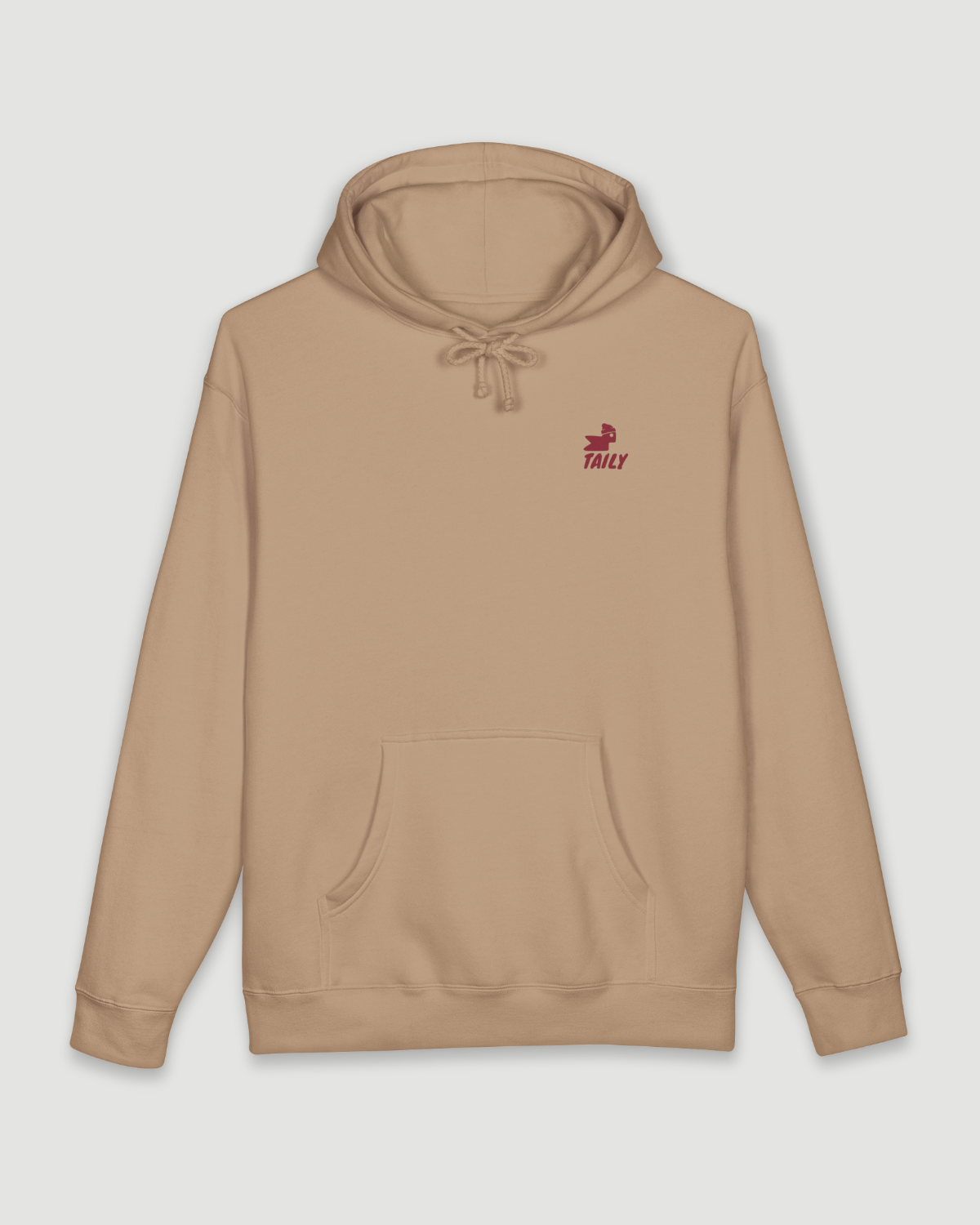 Taily Bird Parkland Hoodie in Sandstone color with bold chest logo and comfortable design.