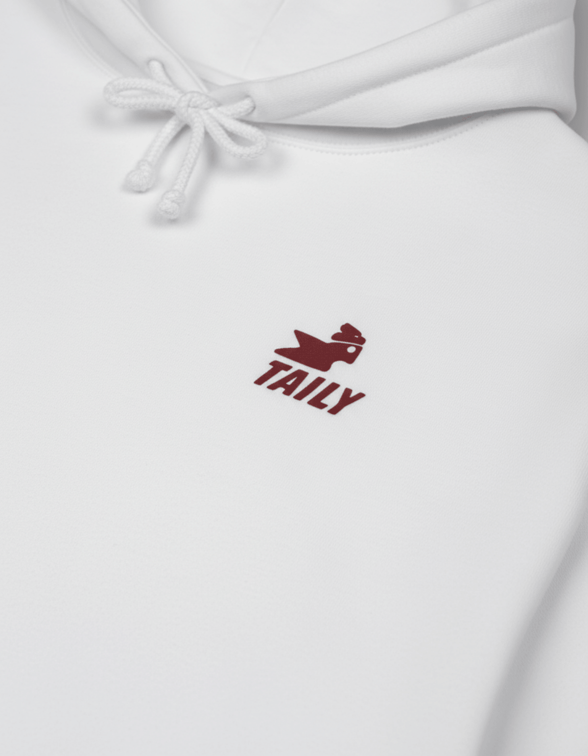 Taily Bird Parkland Hoodie – White close-up of front with TALLY logo detail.