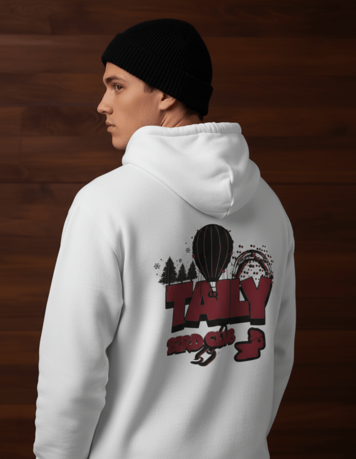 Taily Bird Parkland Hoodie – White featuring a unique back graphic design on a model.